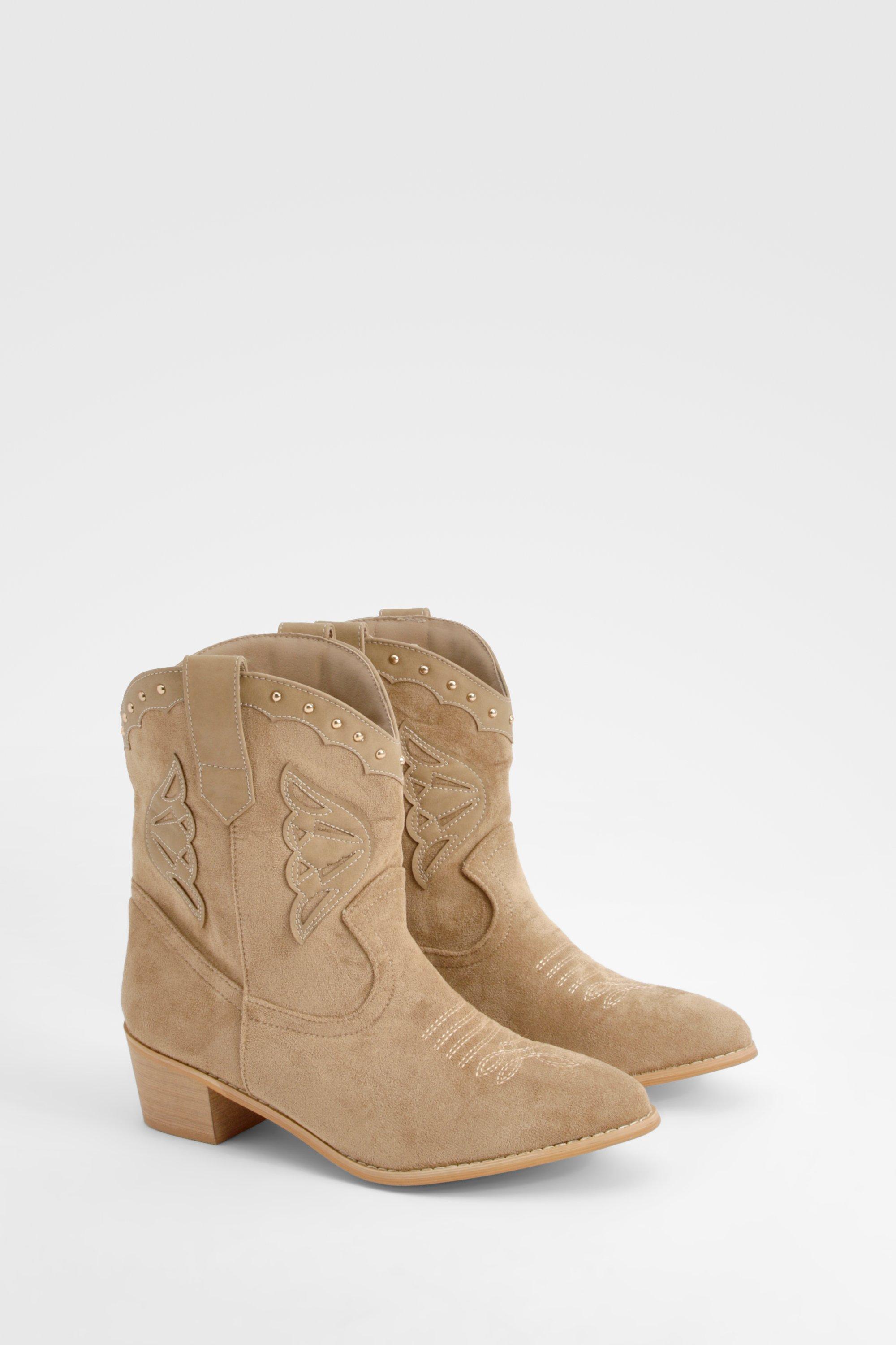 Boohoo Studded Calf High Western Cowboy Boots, Taupe