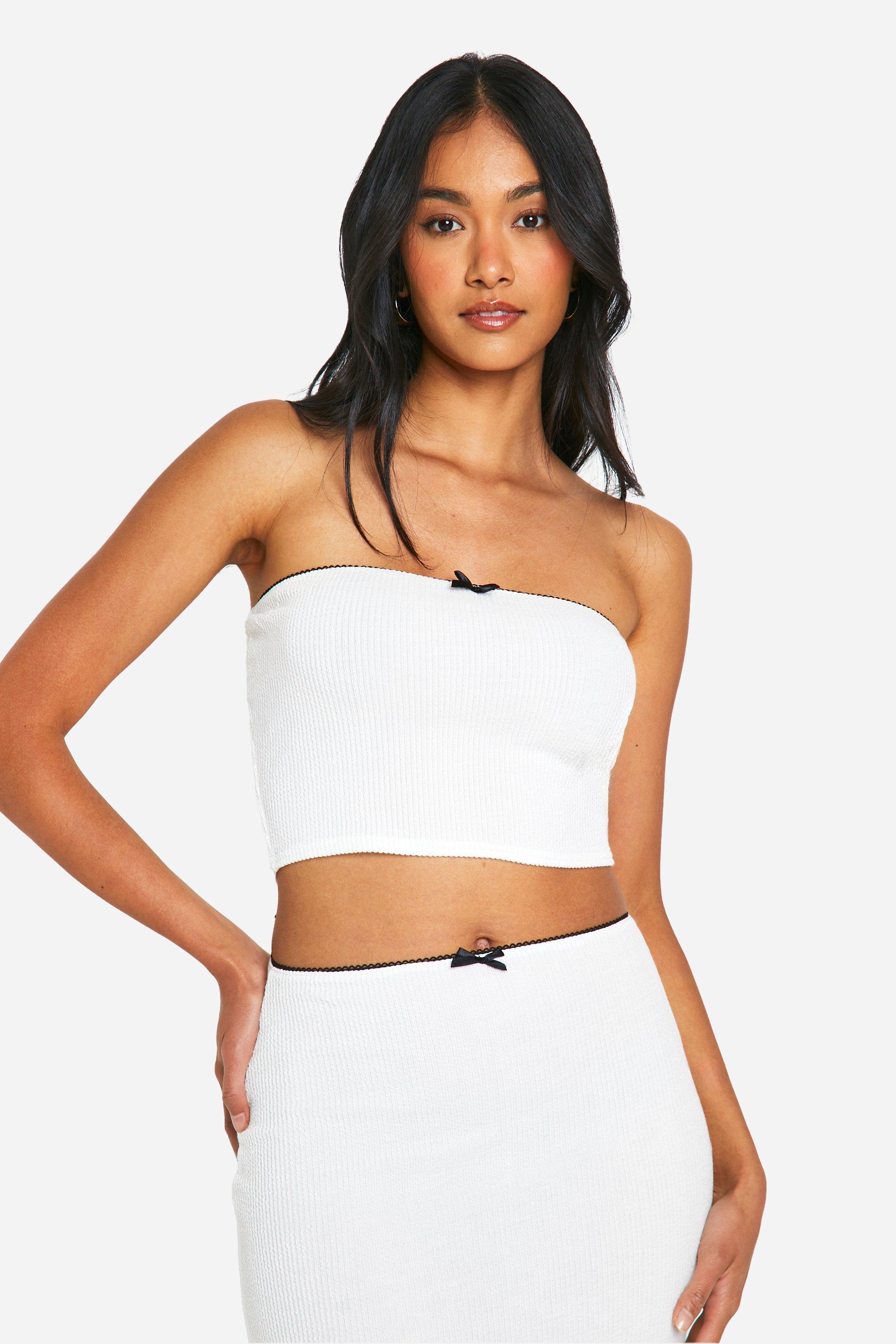 Boohoo Ribbed Contrast Bow Detail Bandeau Top, White