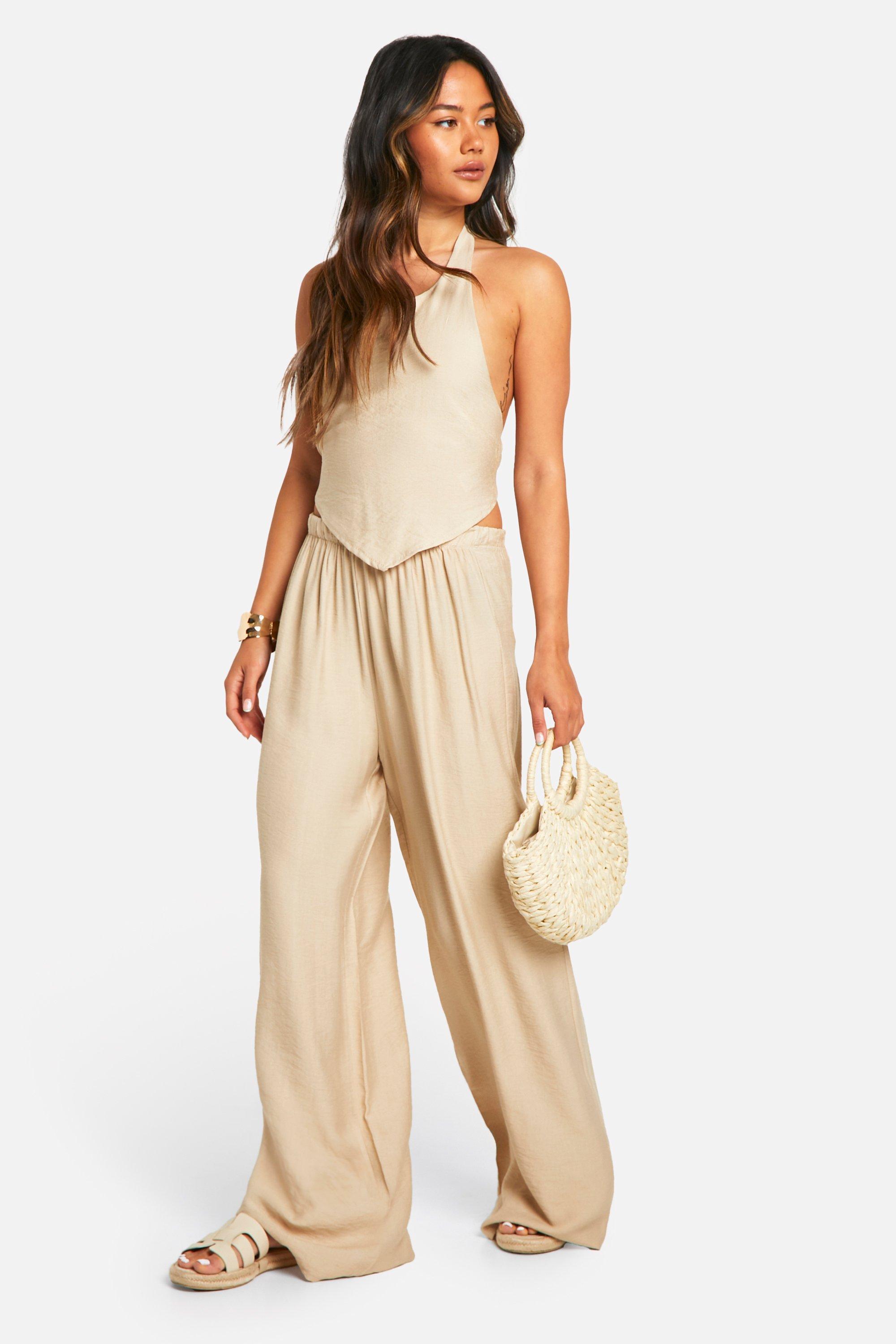 Ensemble Avec Crop Top A Dos Nu Et Pantalon Large - Gris Pie