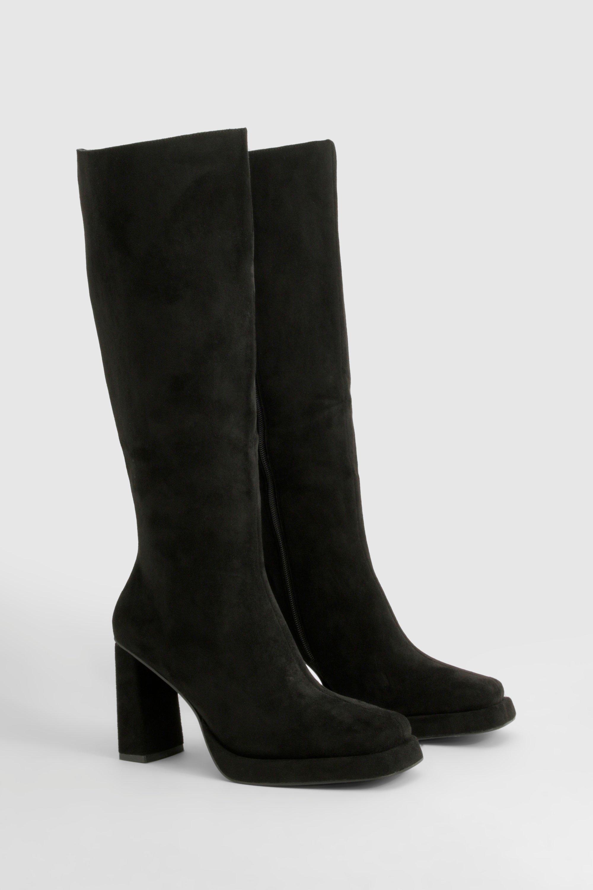 womens faux suede block heel platform knee high boots - black - 6, black