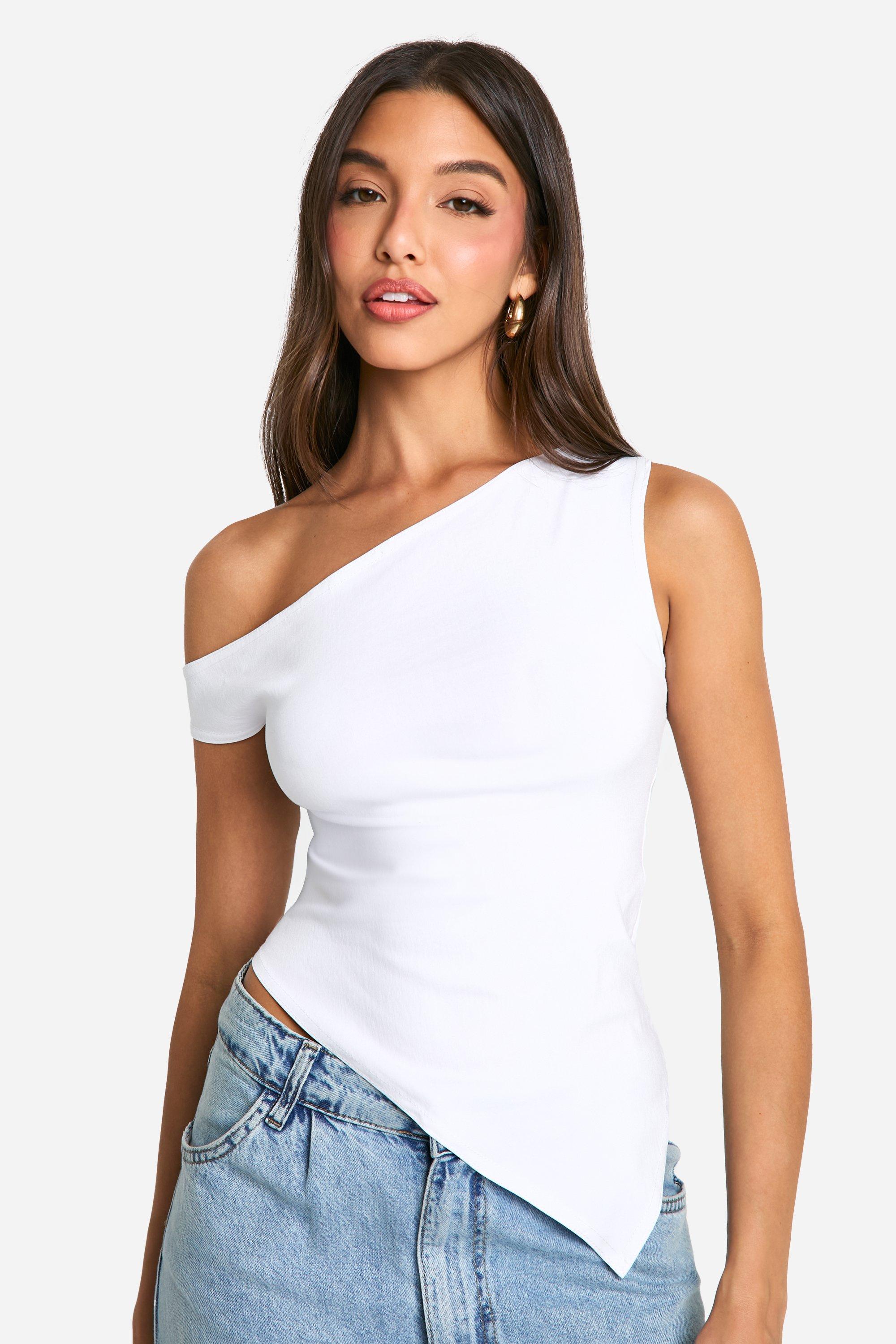 Womens Bengaline Asymmetric One Shoulder Bardot Top - White - 14, White