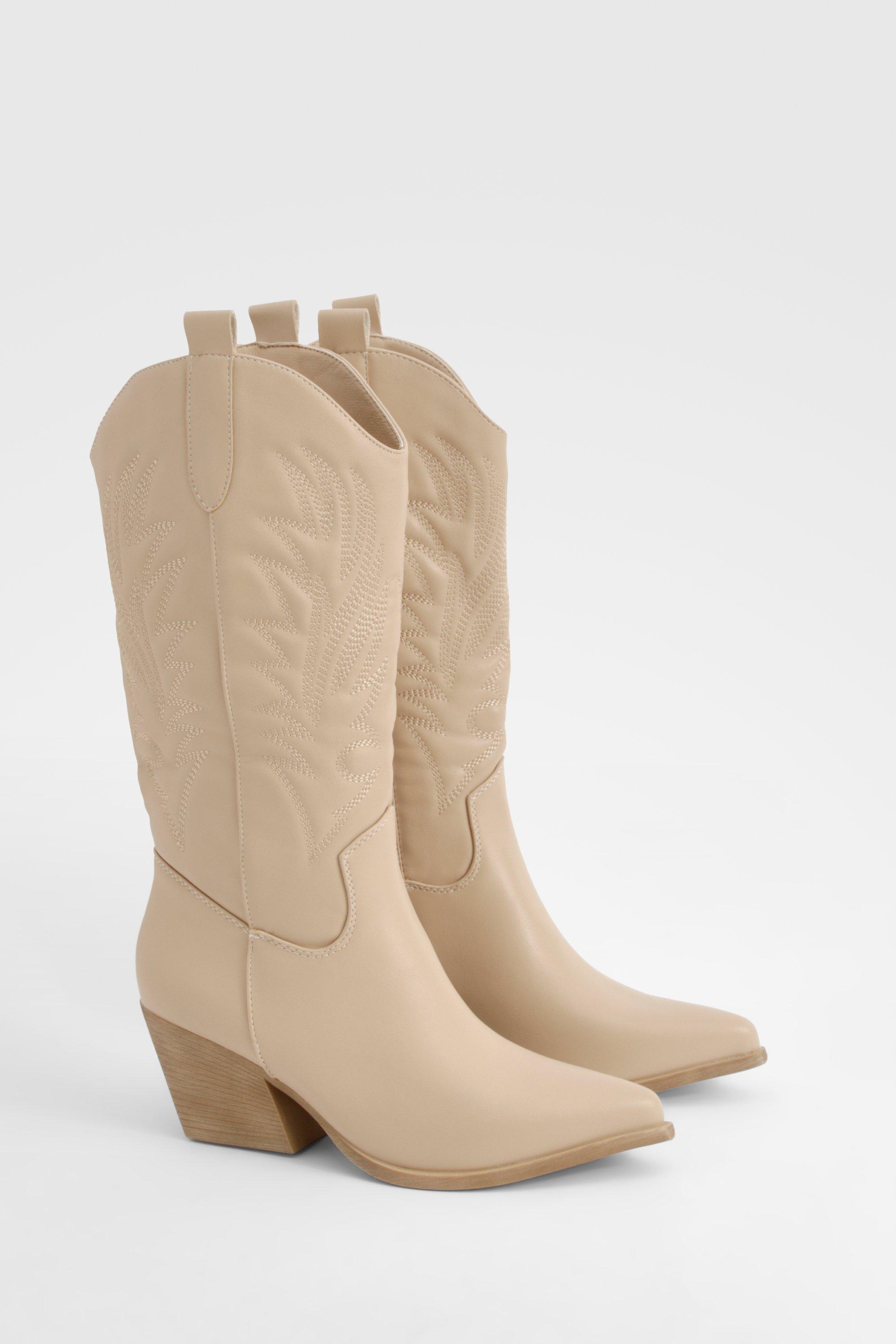 Boohoo Embroidered Knee High Western Boots, Taupe