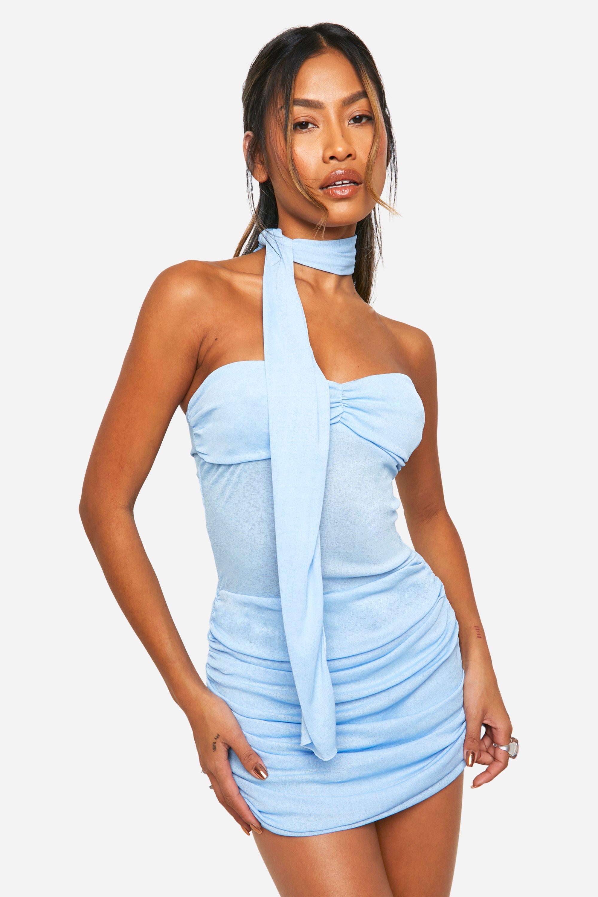 Boohoo Onion Skin Twist Sheer Mini Dress With Scarf, Pastel Blue