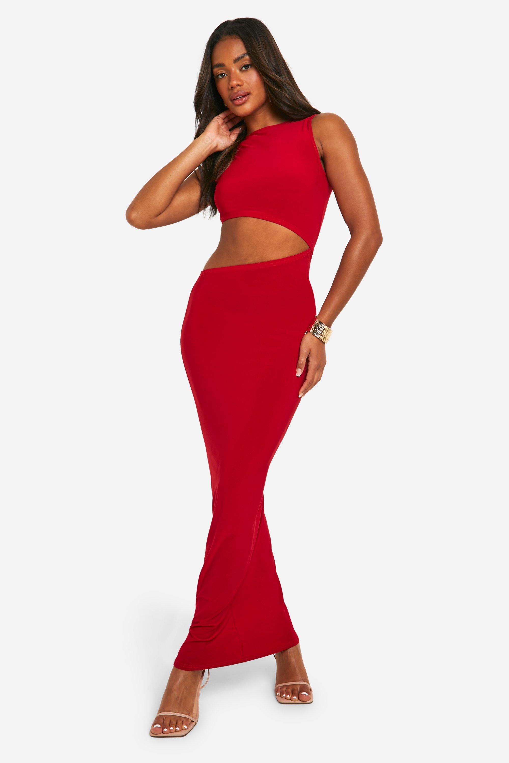 Boohoo Cut Out Slinky Maxi Dress, Red