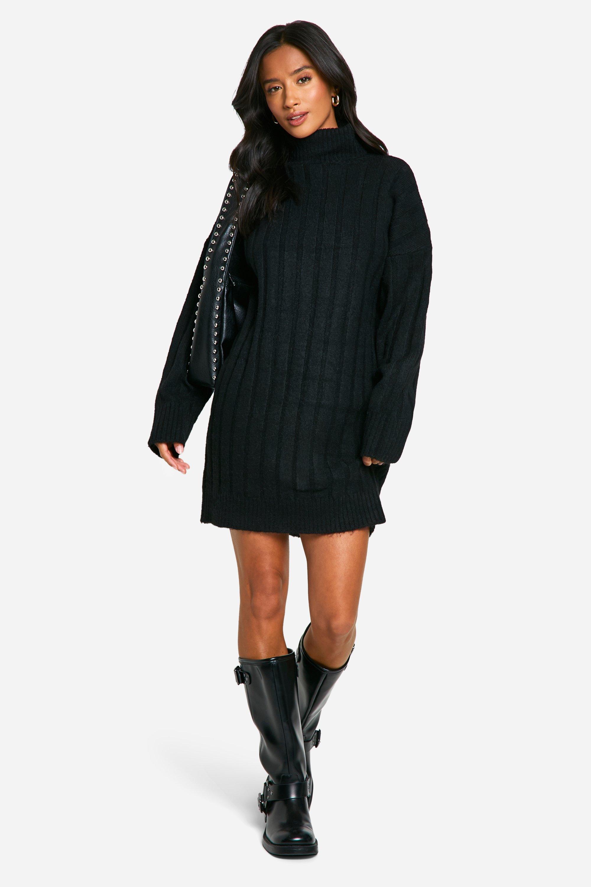 Image of Vestito in maglia Petite a coste morbide con collo alto, Nero