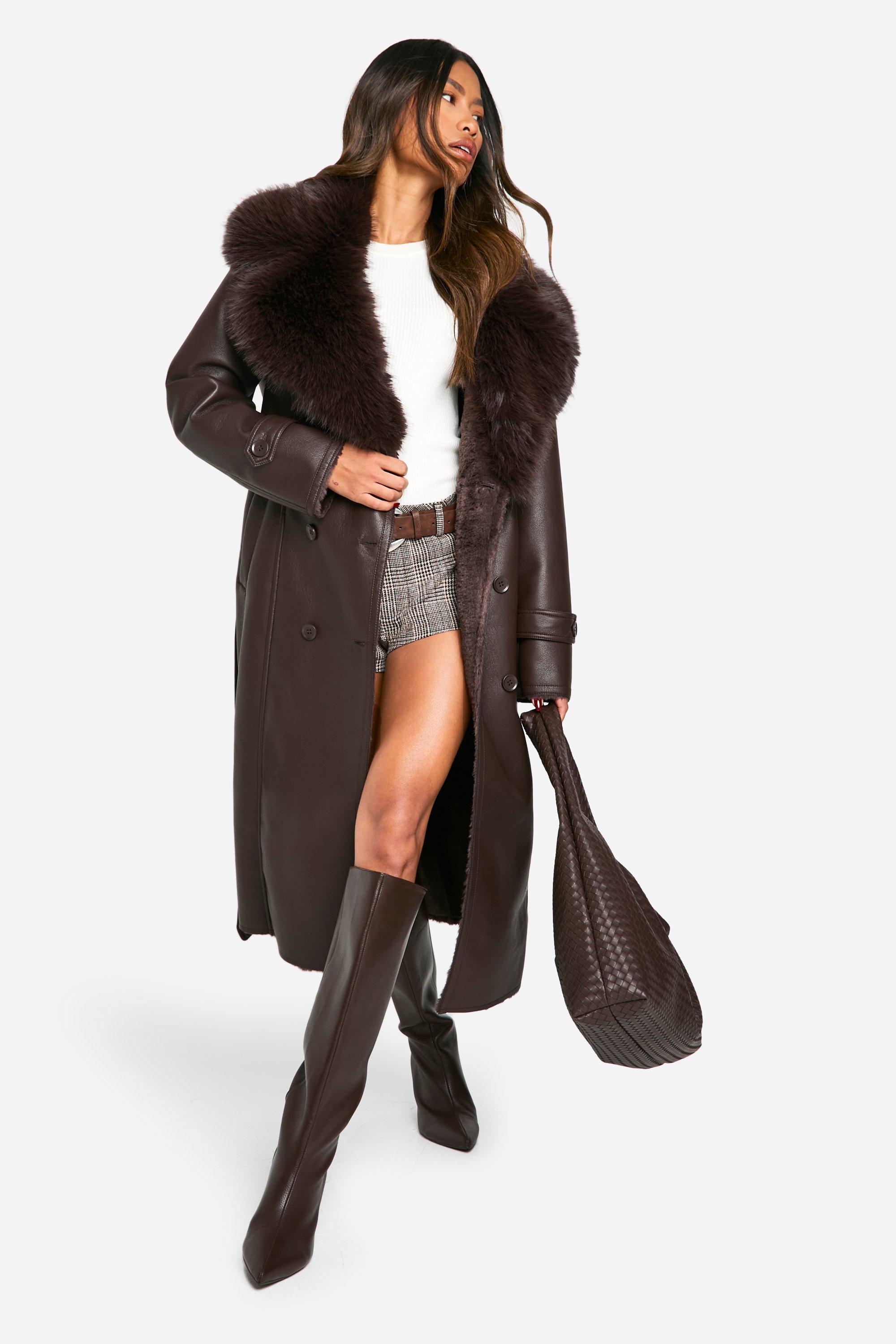 Image of Cappotto Trench con colletto in pelliccia sintetica, Brown