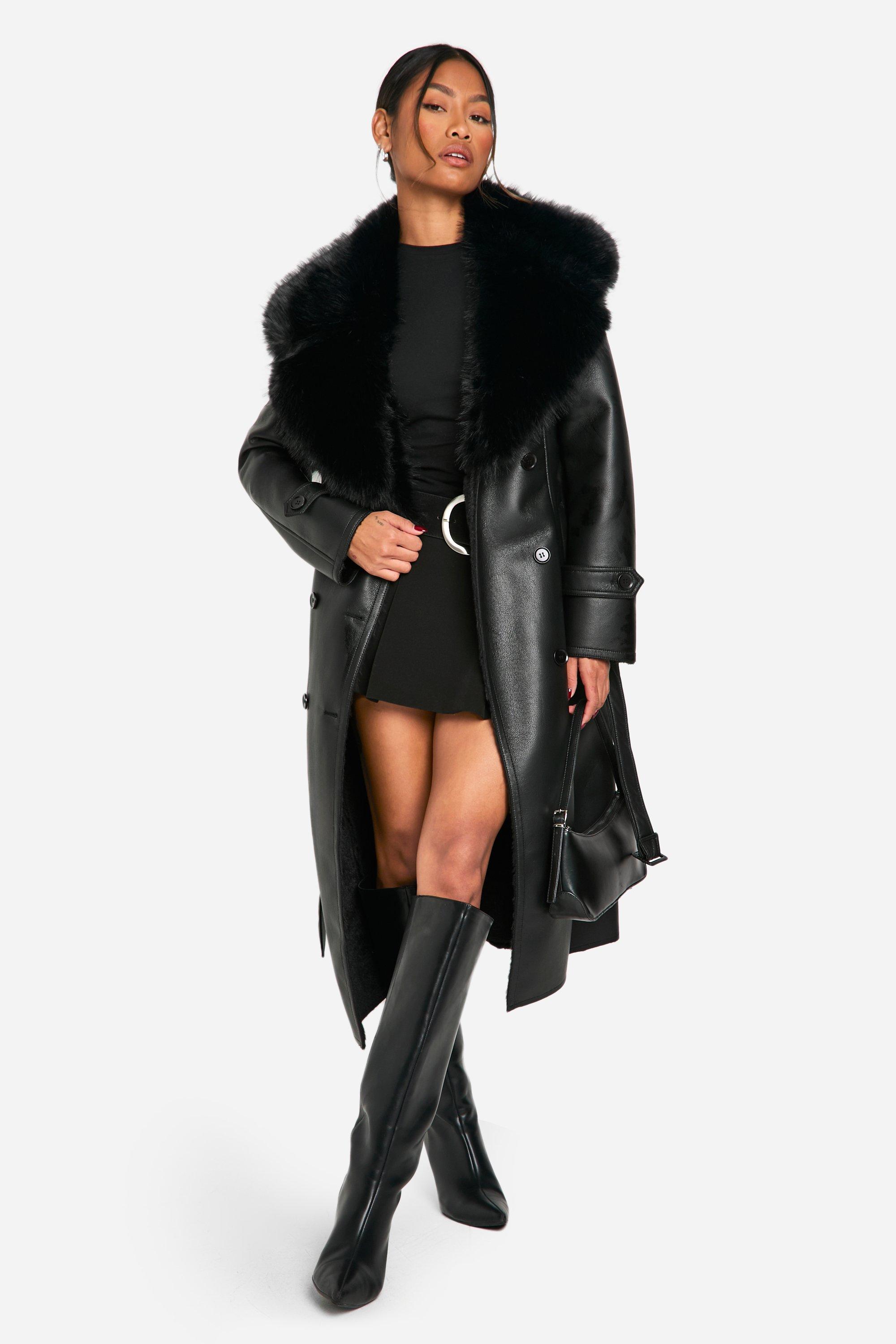 Image of Cappotto Trench con colletto in pelliccia sintetica, Nero