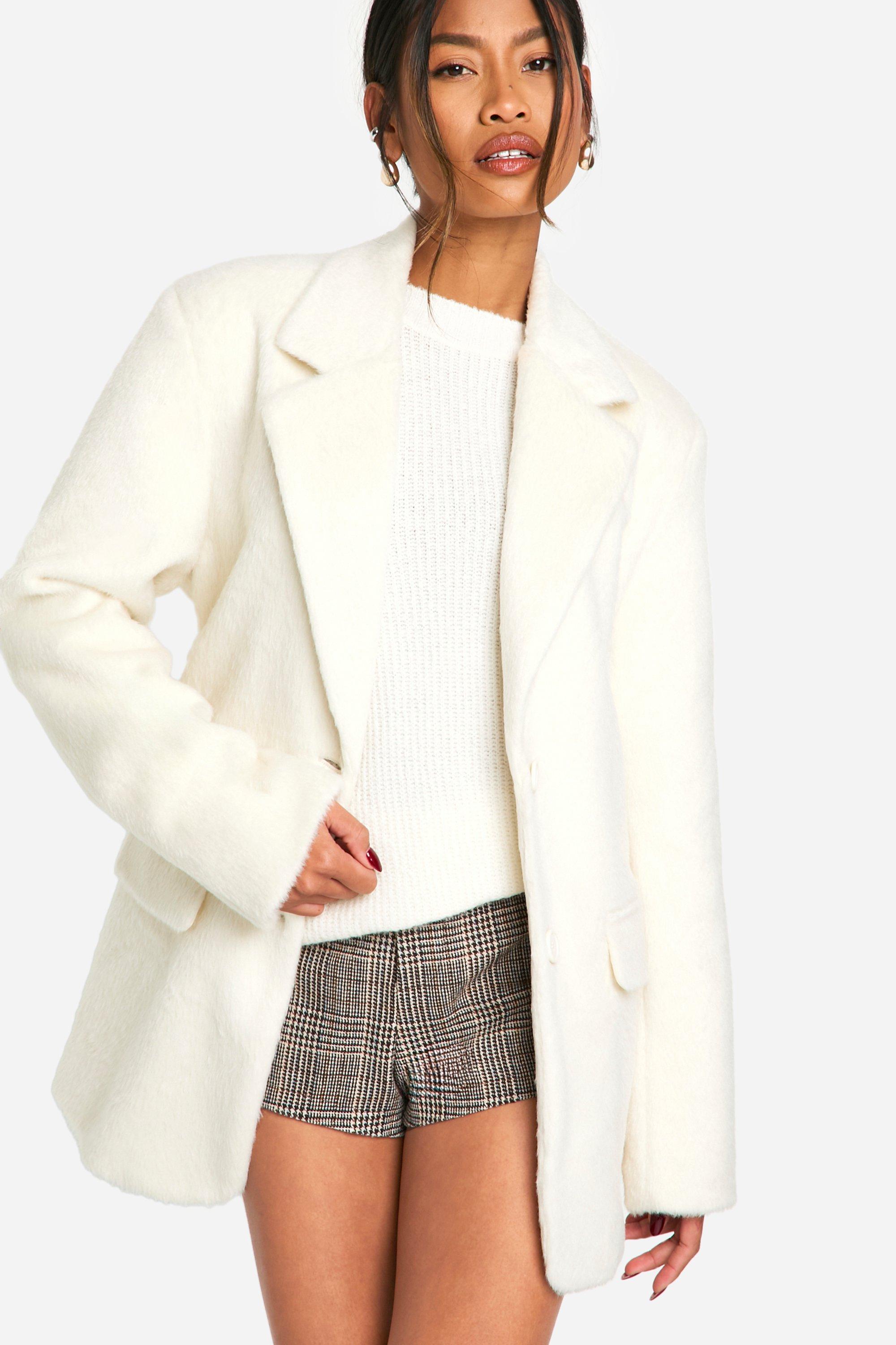 Womens Belted Wool Look Coat - White - 8, White