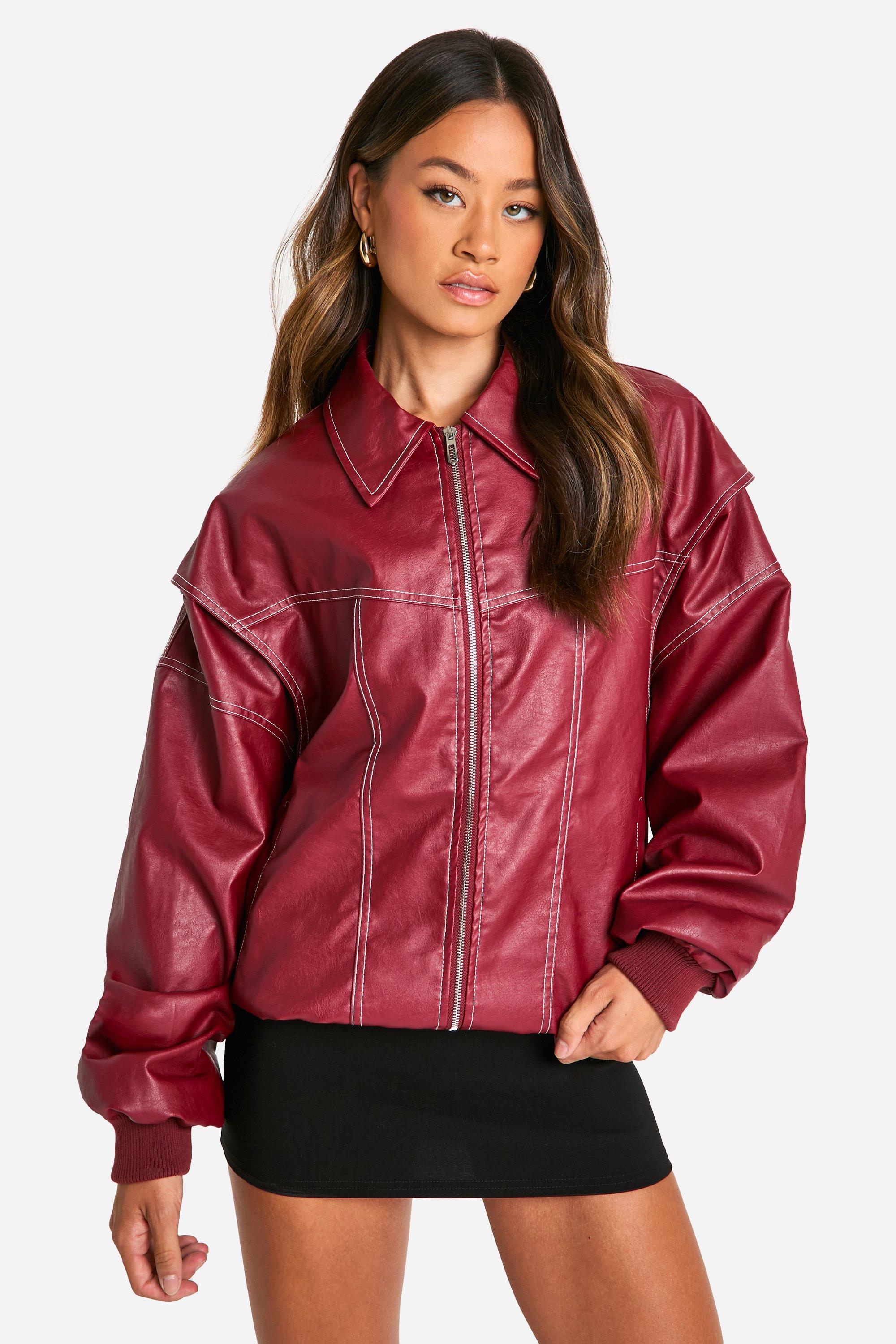 Image of Giacca Bomber Tall oversize in PU con cuciture a contrasto, Rosso