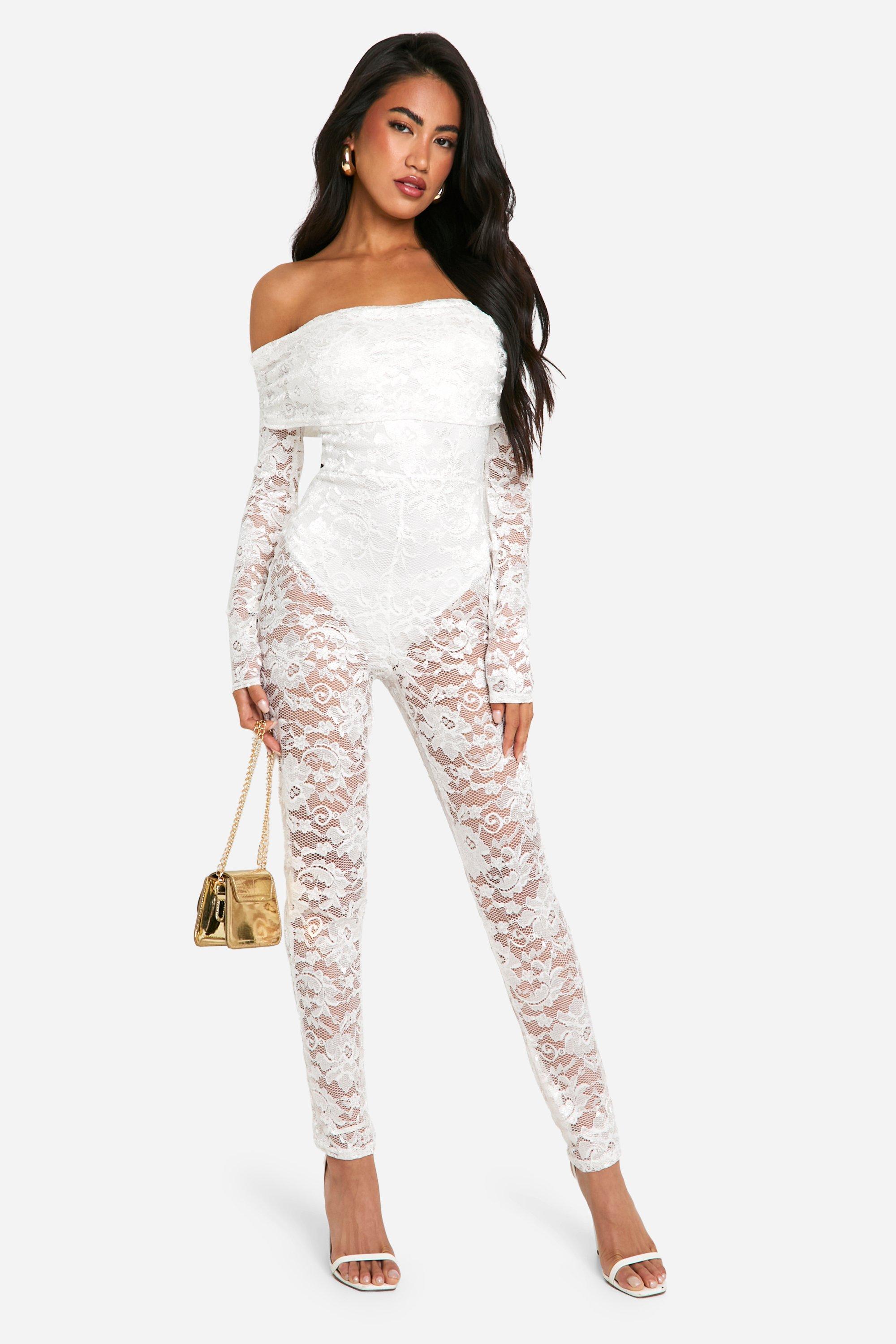 Womens Lace Fold Over Bardot Jumpsuit - White - 12, White