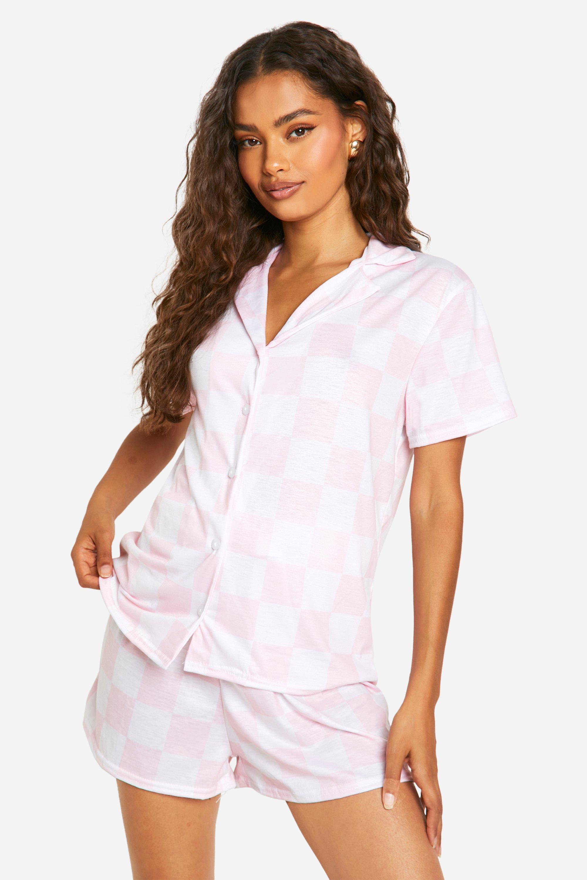 Womens Checkerboard Pyjama Shirt And Short Set - Pink - 14, Pink