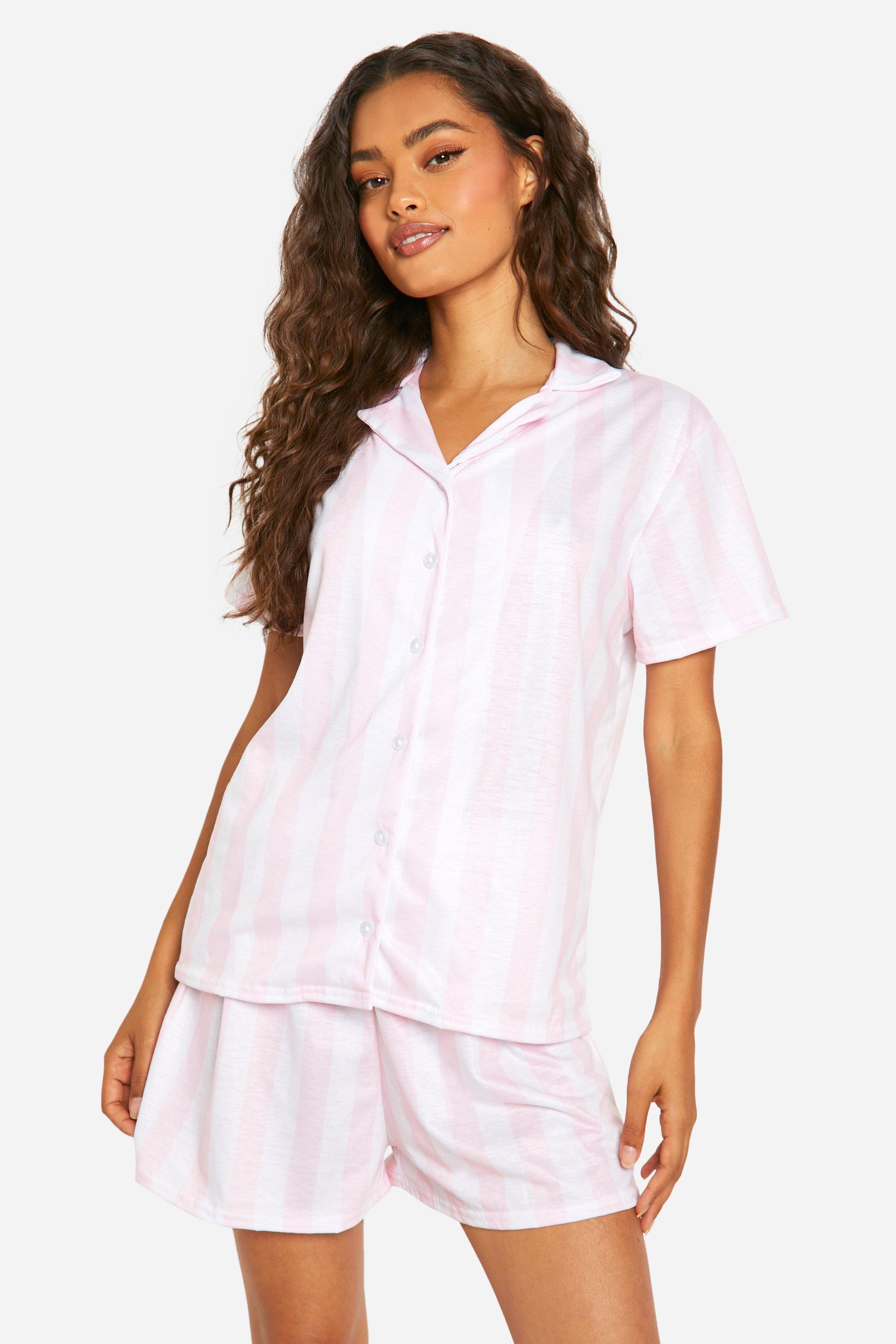 Womens Stripe Pyjama Shirt And Short Set - Pink - 10, Pink