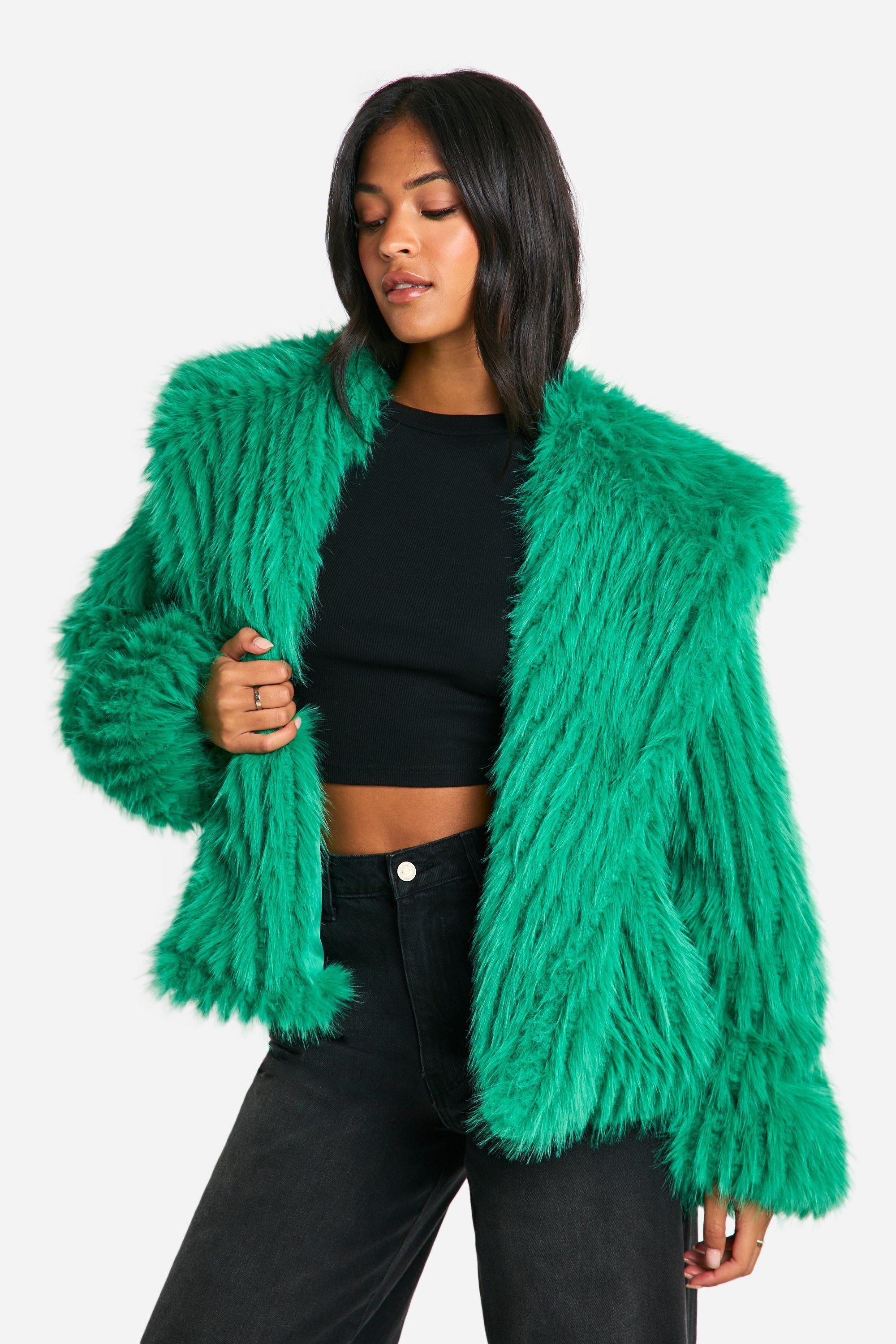 Womens Tall Oversized Collared Faux Fur Jacket - Green - 12, Green