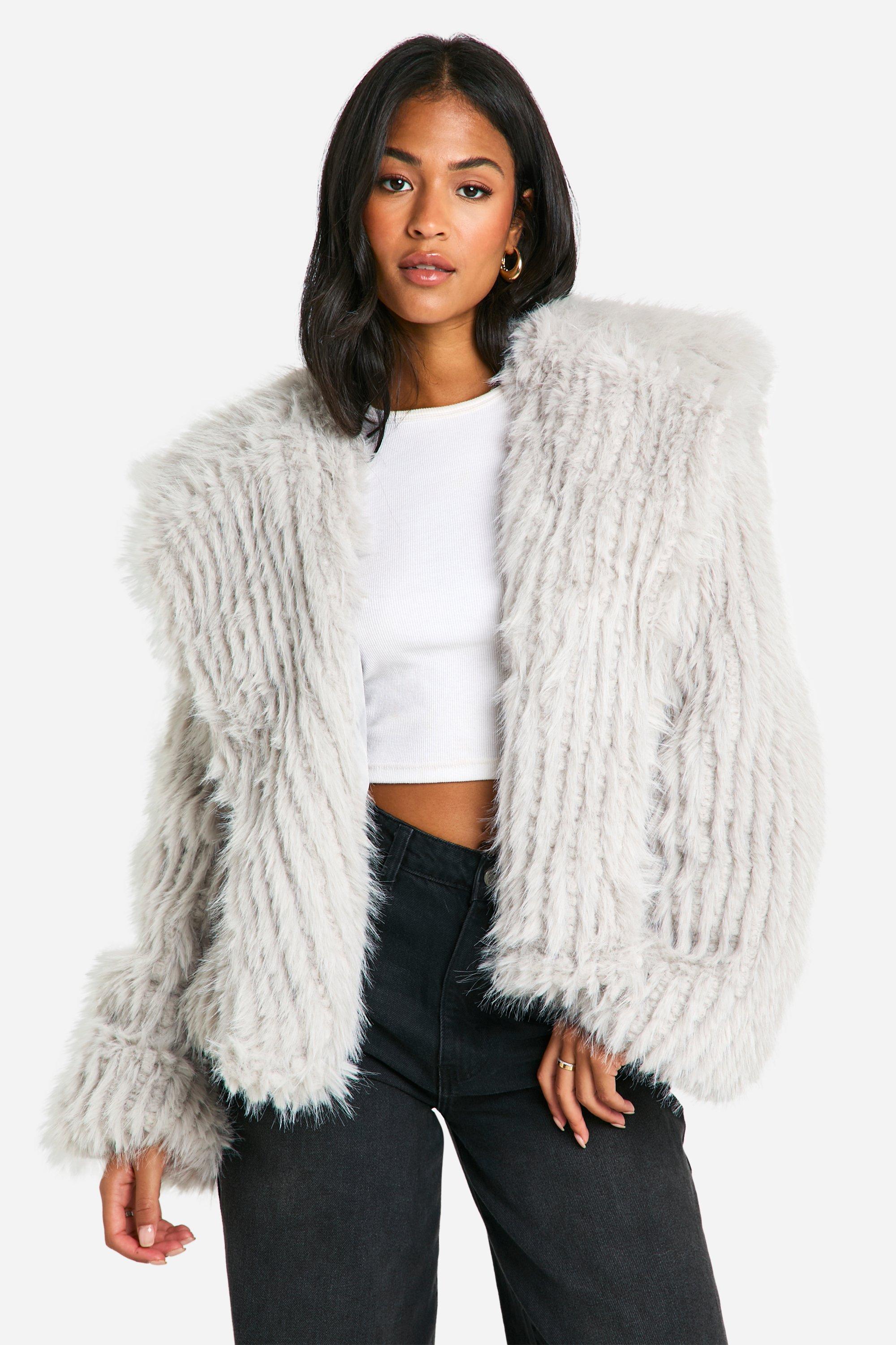 Womens Tall Oversized Collared Faux Fur Jacket - Grey - 10, Grey