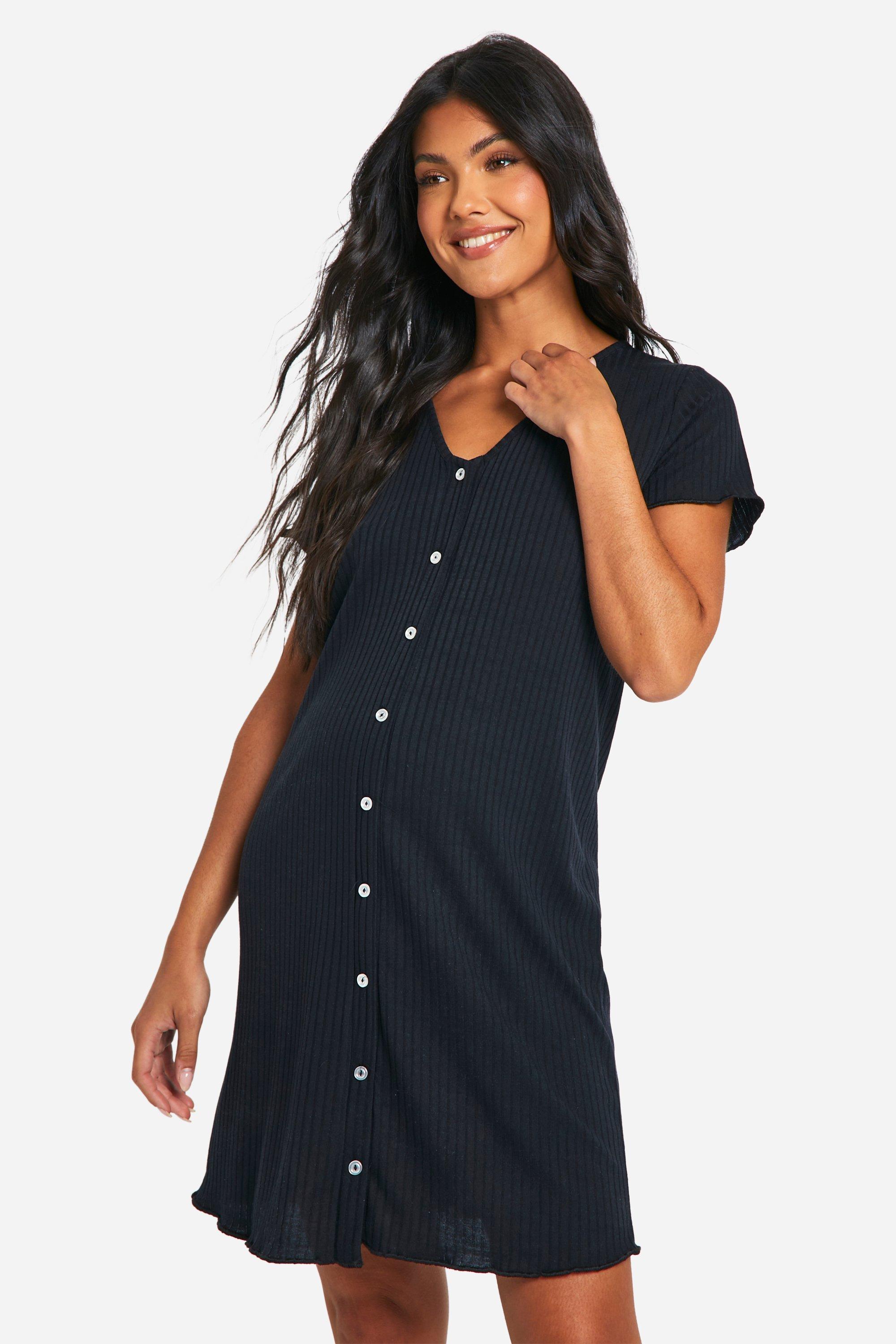 Womens Maternity Ribbed Button Down Nightie - Black - 8, Black