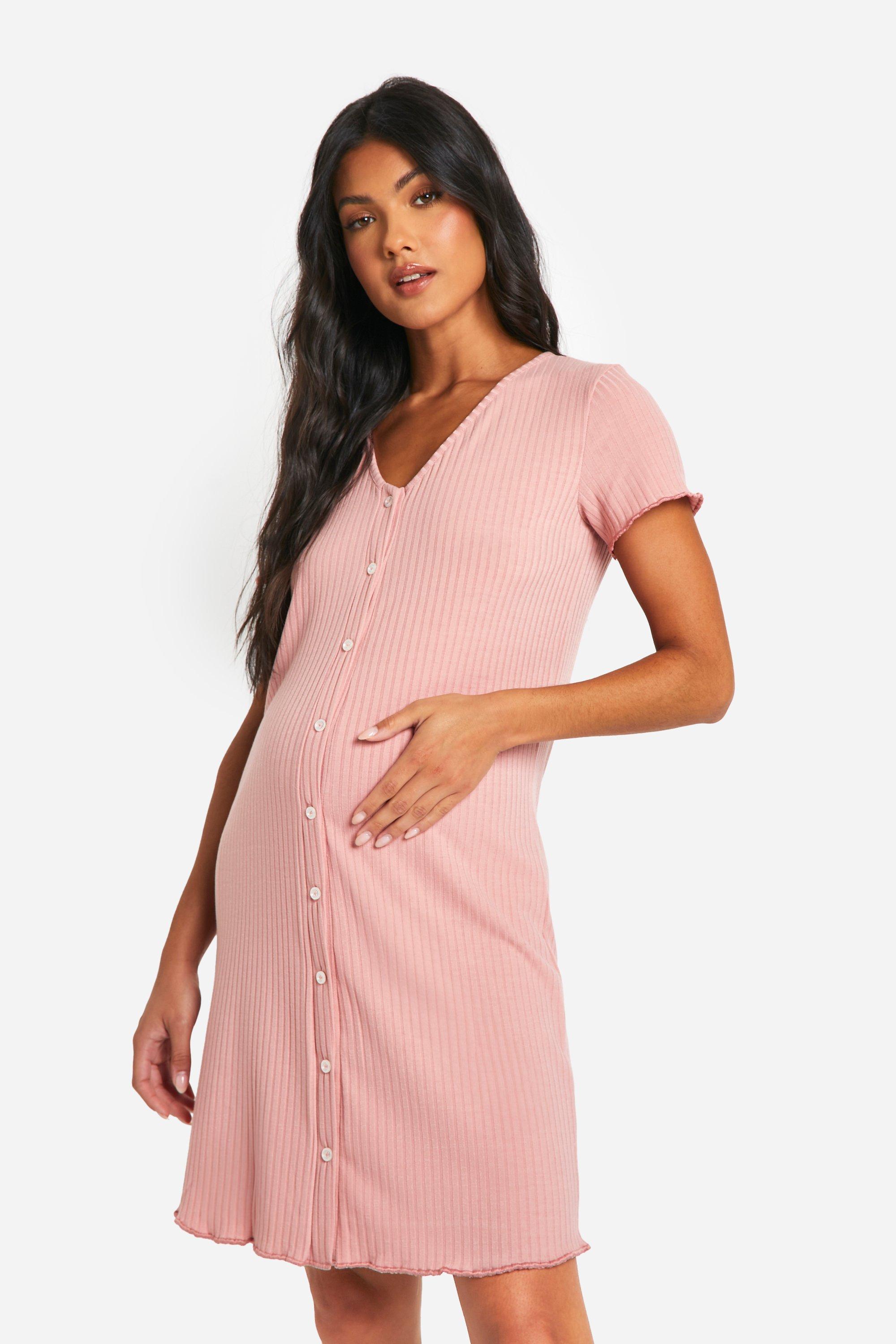 Womens Maternity Ribbed Button Down Nightie - Pink - 8, Pink