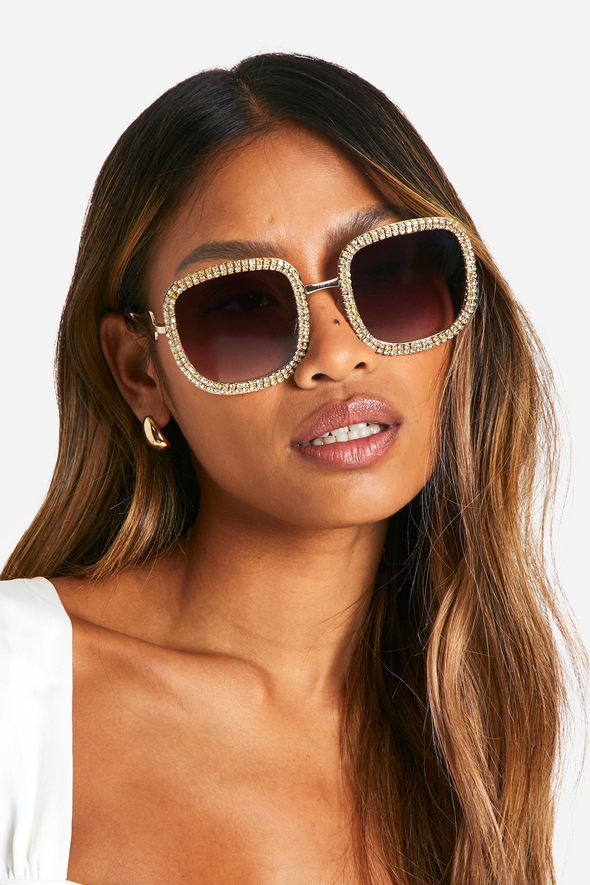 Womens Gold Embellished Round Sunglasses - One Size, Gold