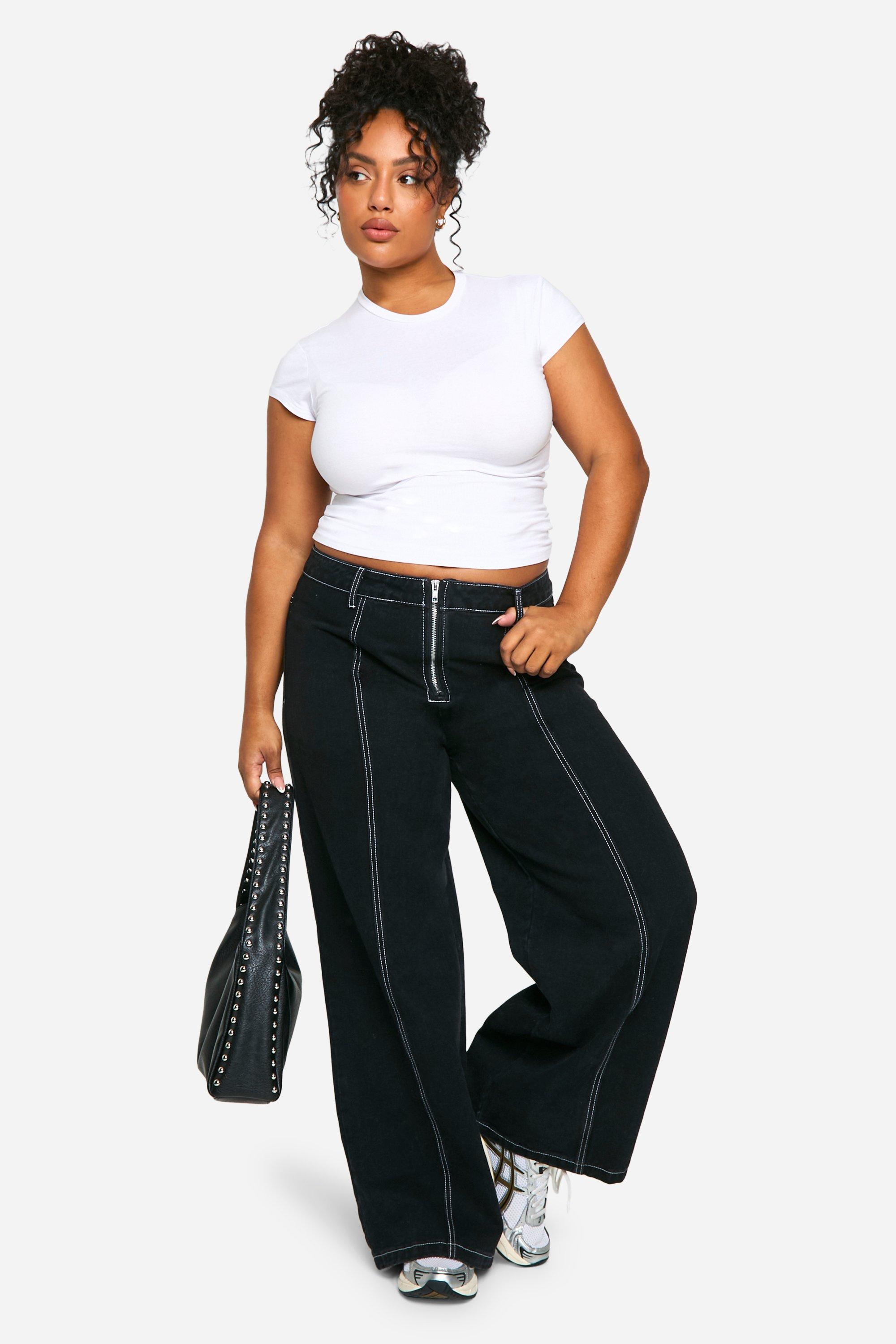 Boohoo Plus Contrasterende Wide Leg Jeans, Black