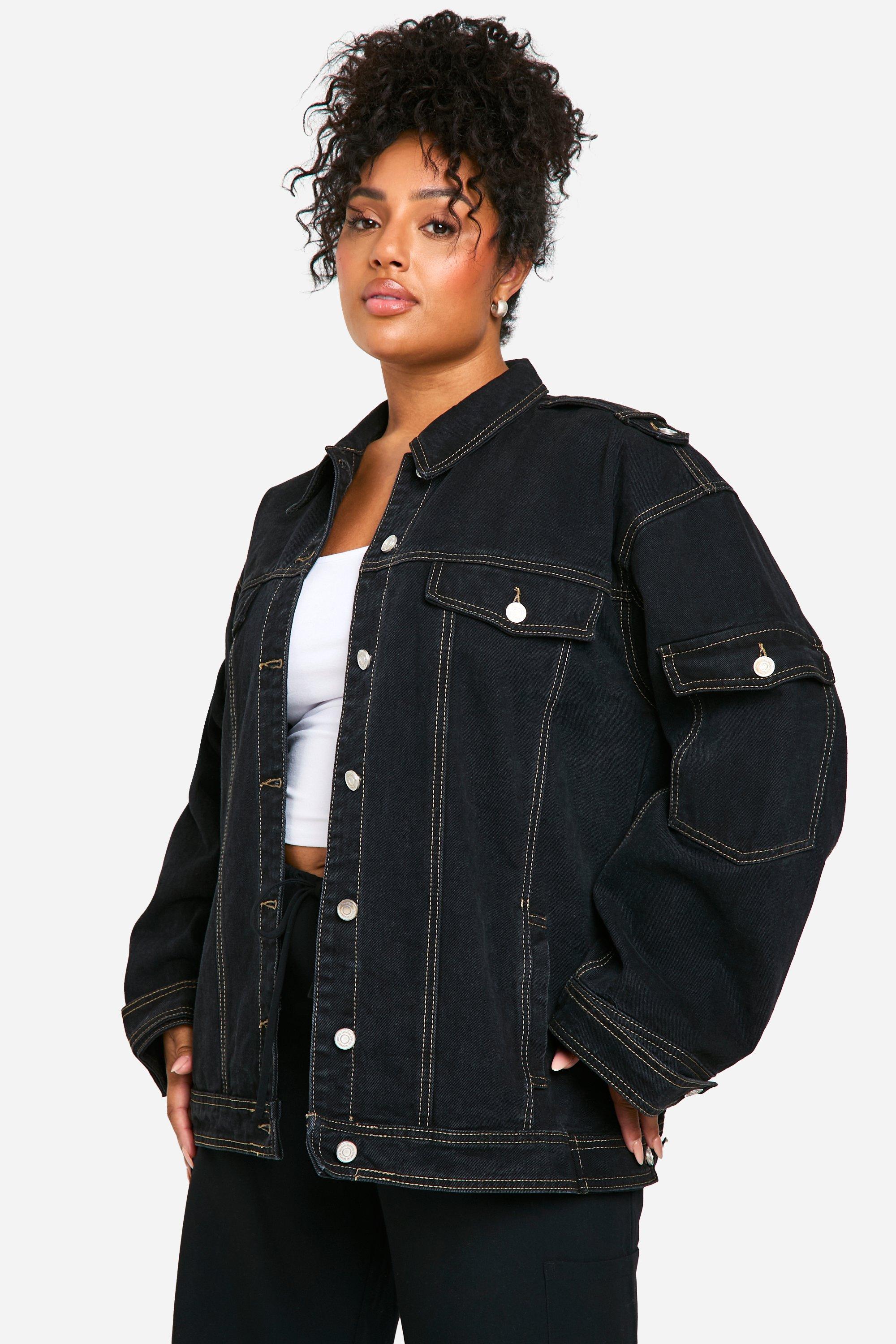 Womens Plus Contrast Stitch Denim Jacket - Black - 18, Black