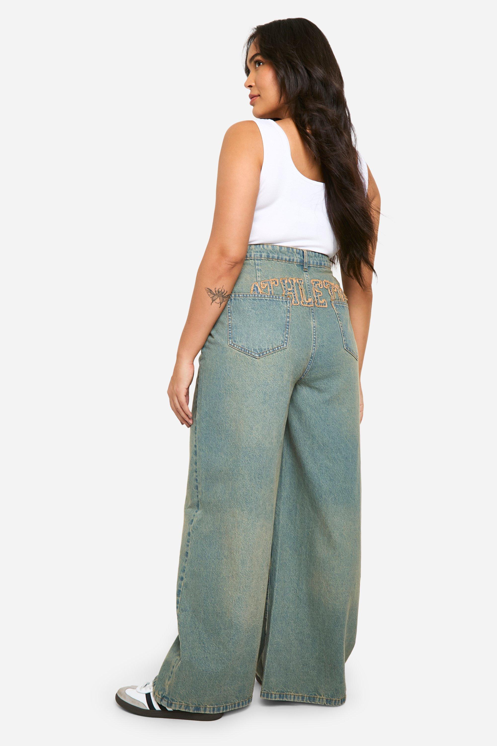 Boohoo Plus Vintage Wash Utility Jeans Met Rechte Pijpen, Vintage Wash