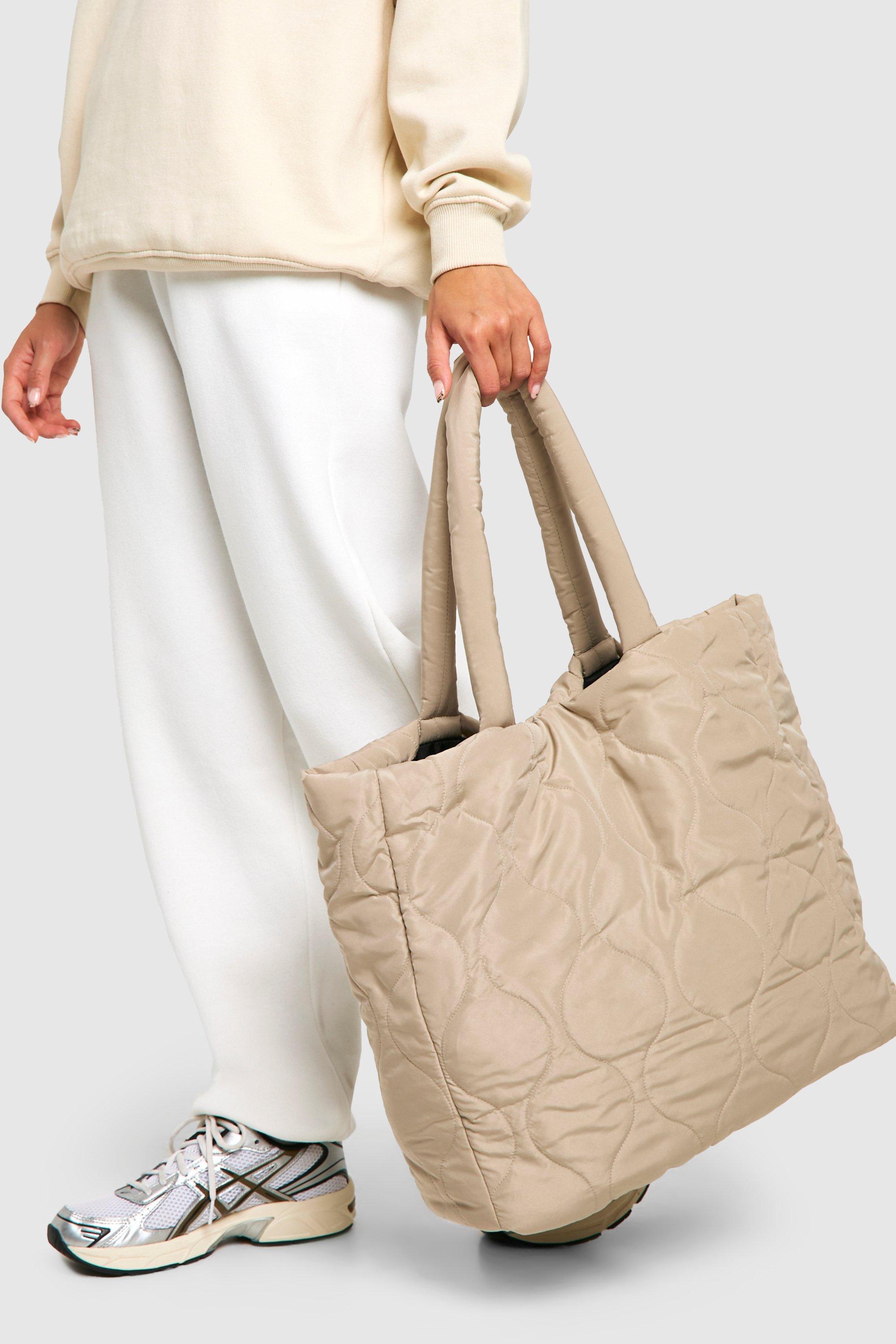 Womens Oversized Quilted Nylon Tote Bag - Beige - One Size, Beige