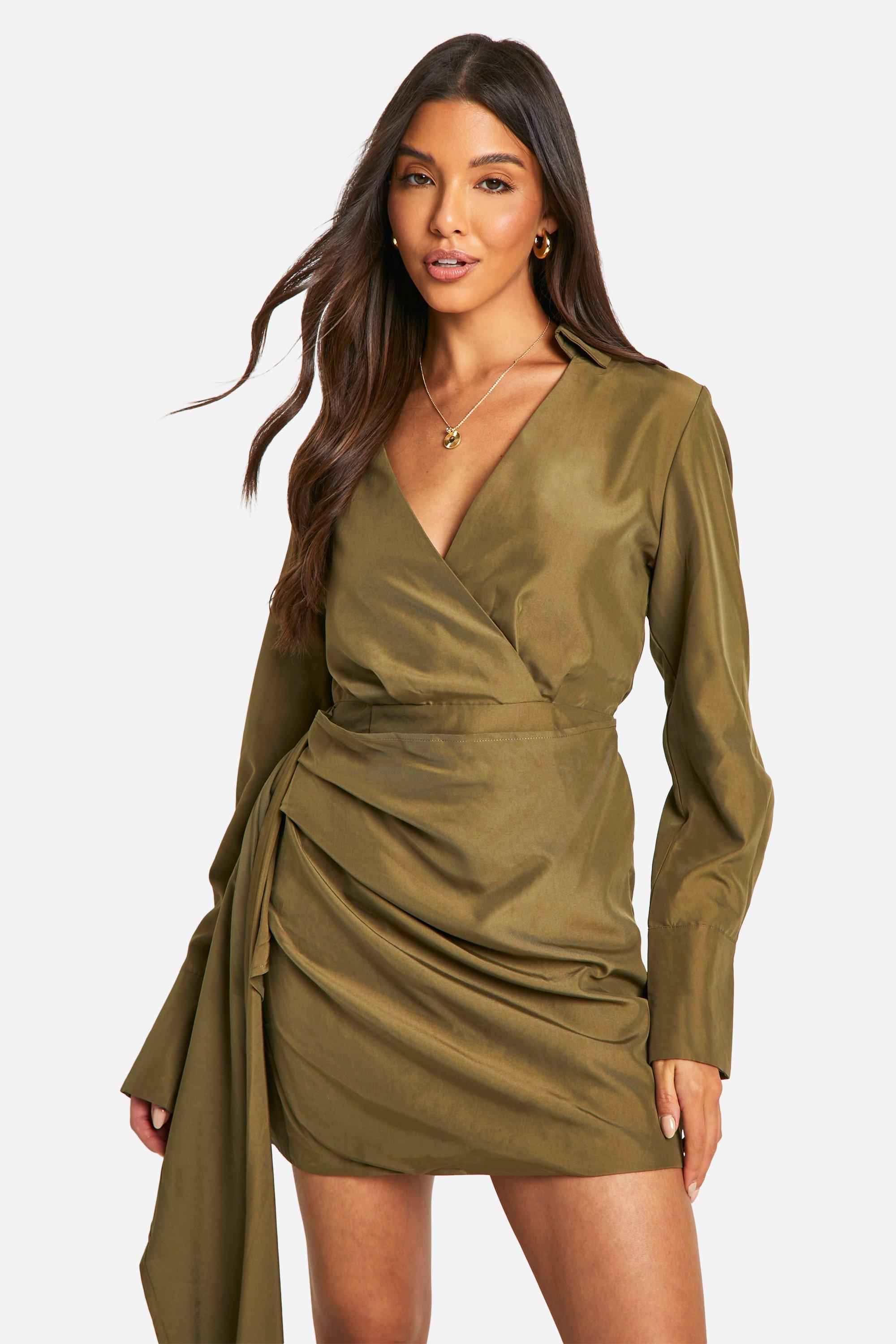 Boohoo Gedrapeerde Blouse Jurk, Khaki