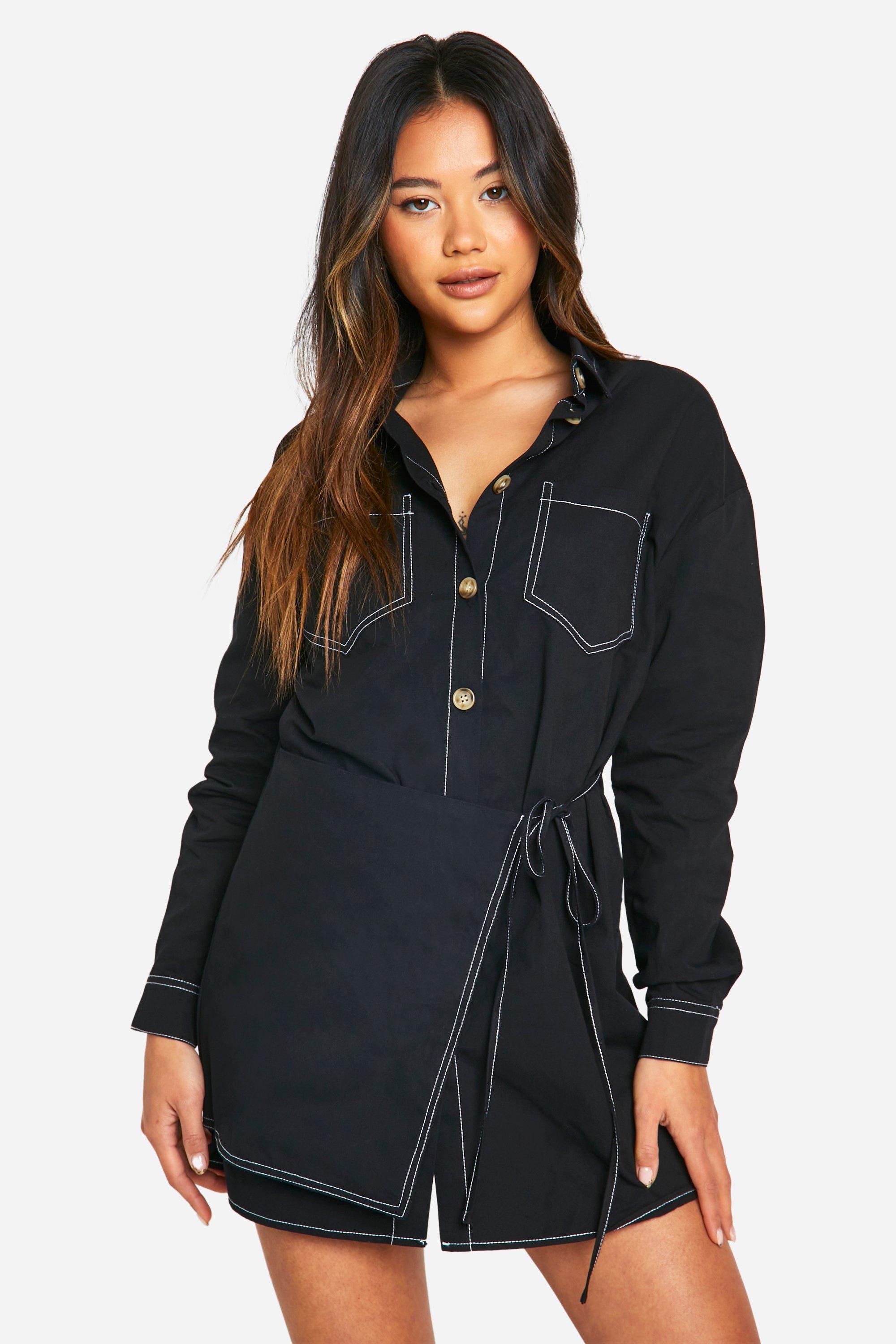 Boohoo Wikkel Blouse Jurk Met Contrasterende Naaddetail, Black