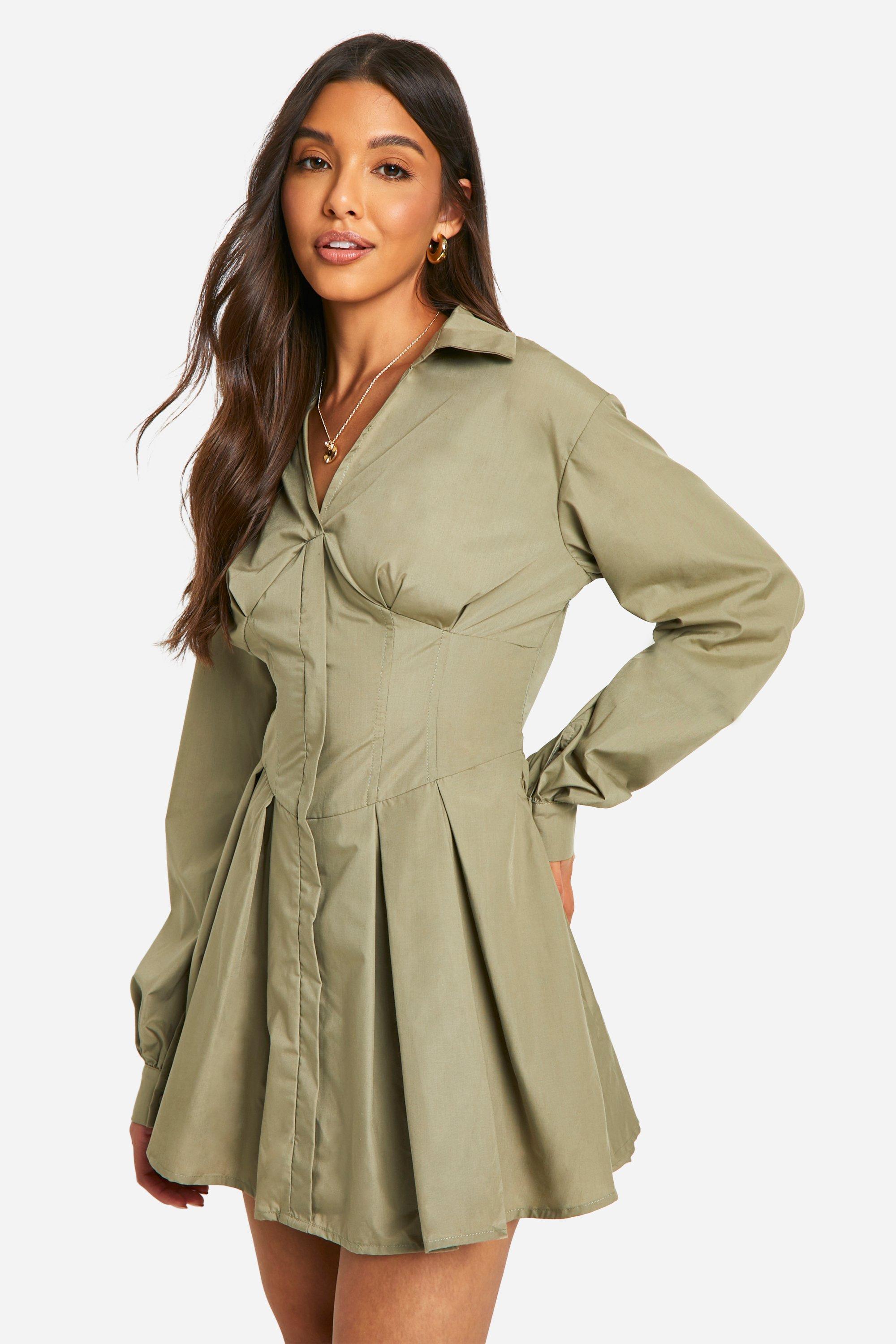 Boohoo Blouse Jurk Met Korset Detail, Khaki