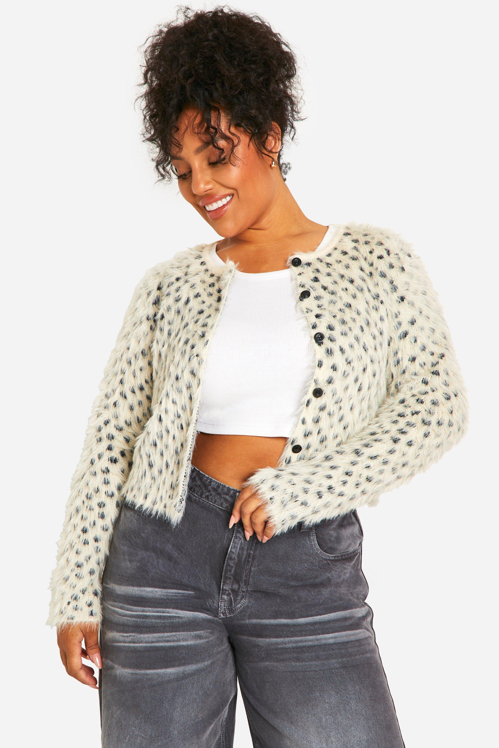 Boohoo Plus Geborstelde Luipaardprint Cardigan, Ecru