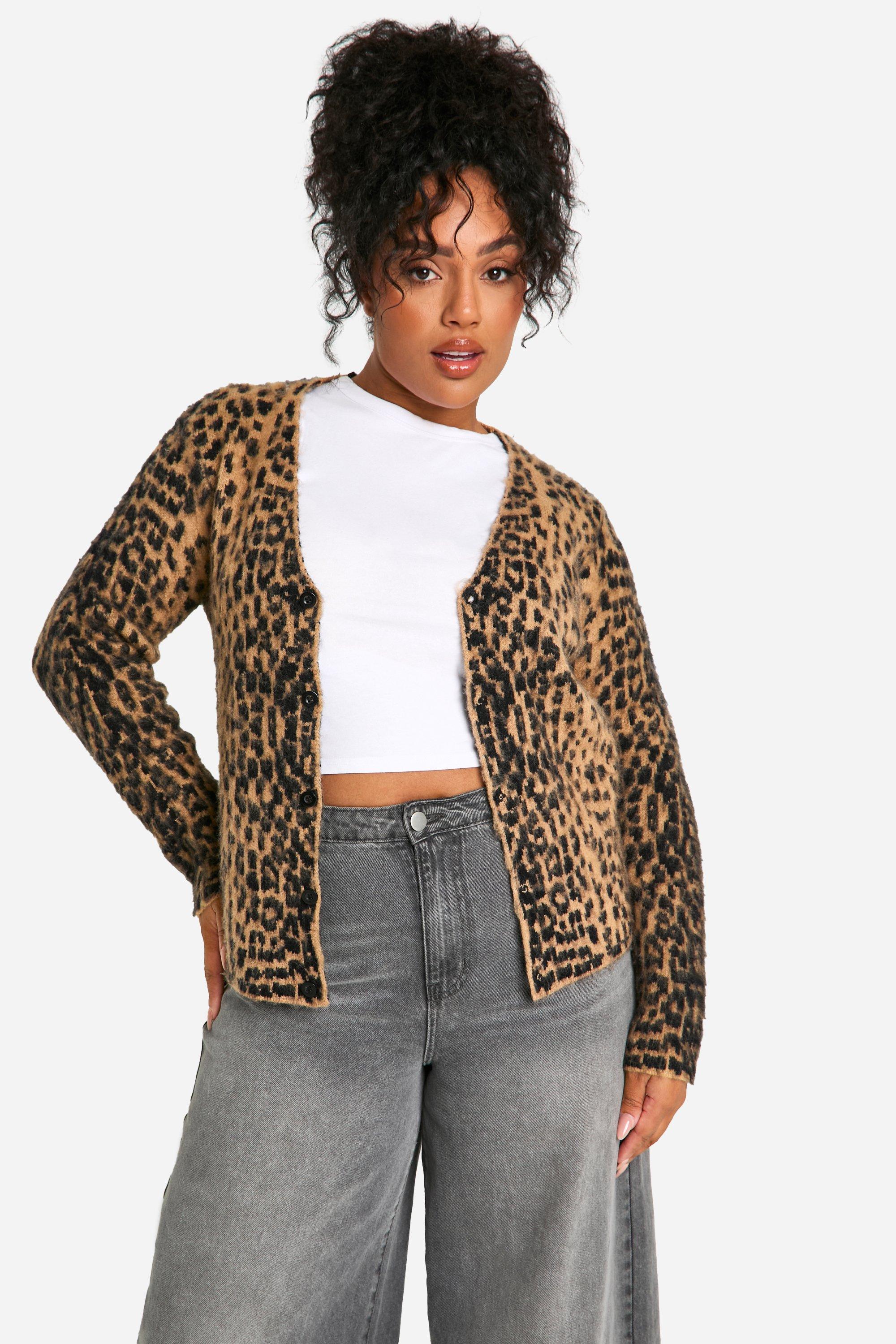 Boohoo Plus Oversized Geborstelde Luipaardprint Cardigan, Brown