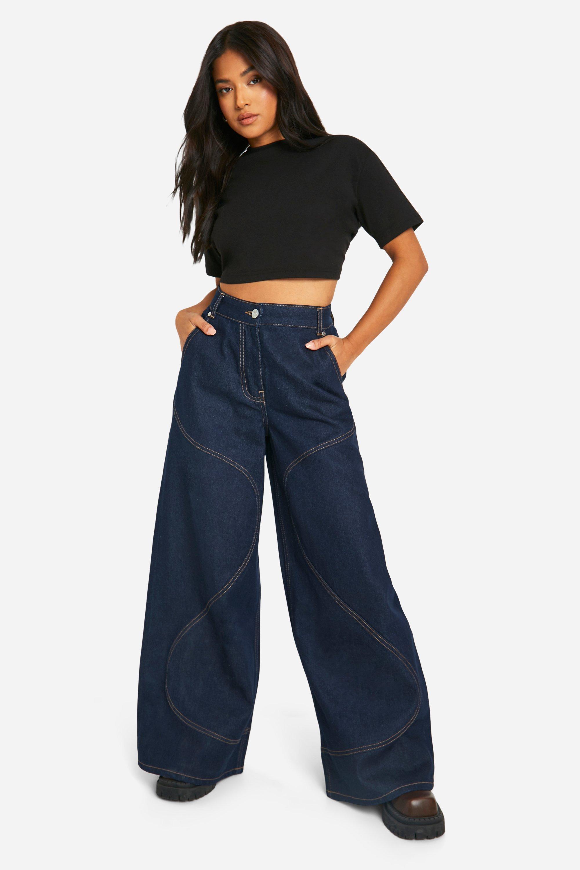 Boohoo Petite Swirl Print Indigo Jeans Met Naaddetail, Indigo