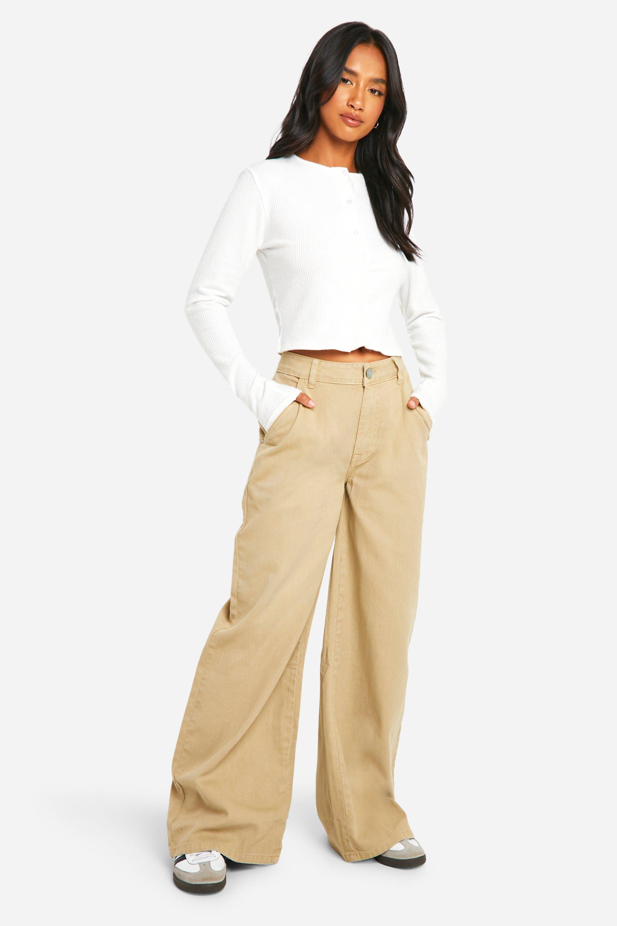 Boohoo Petite Sandwash Wide Leg Jeans, Sand