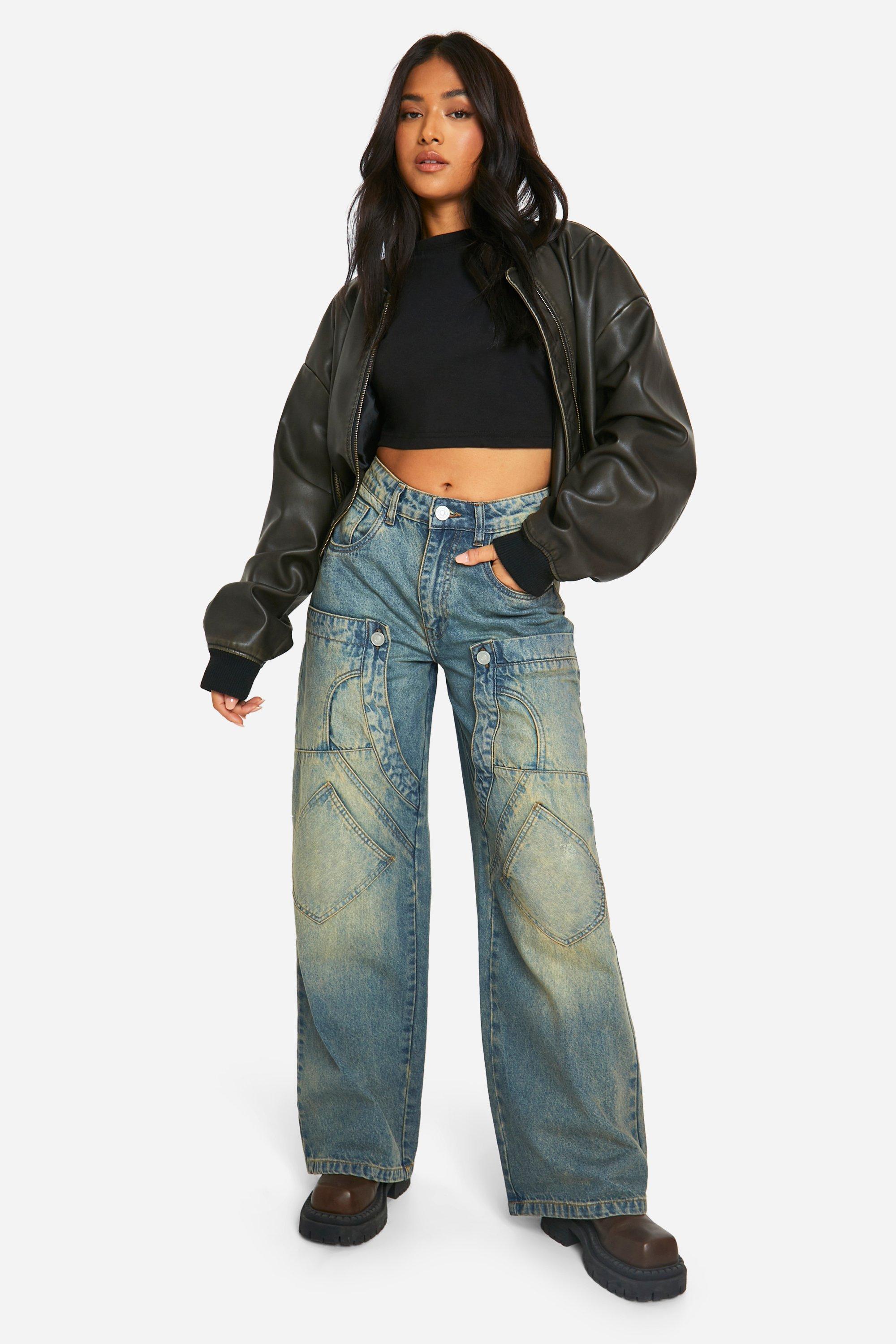 Boohoo Petite Gesplitste Carpentar Jeans, Vintage Wash