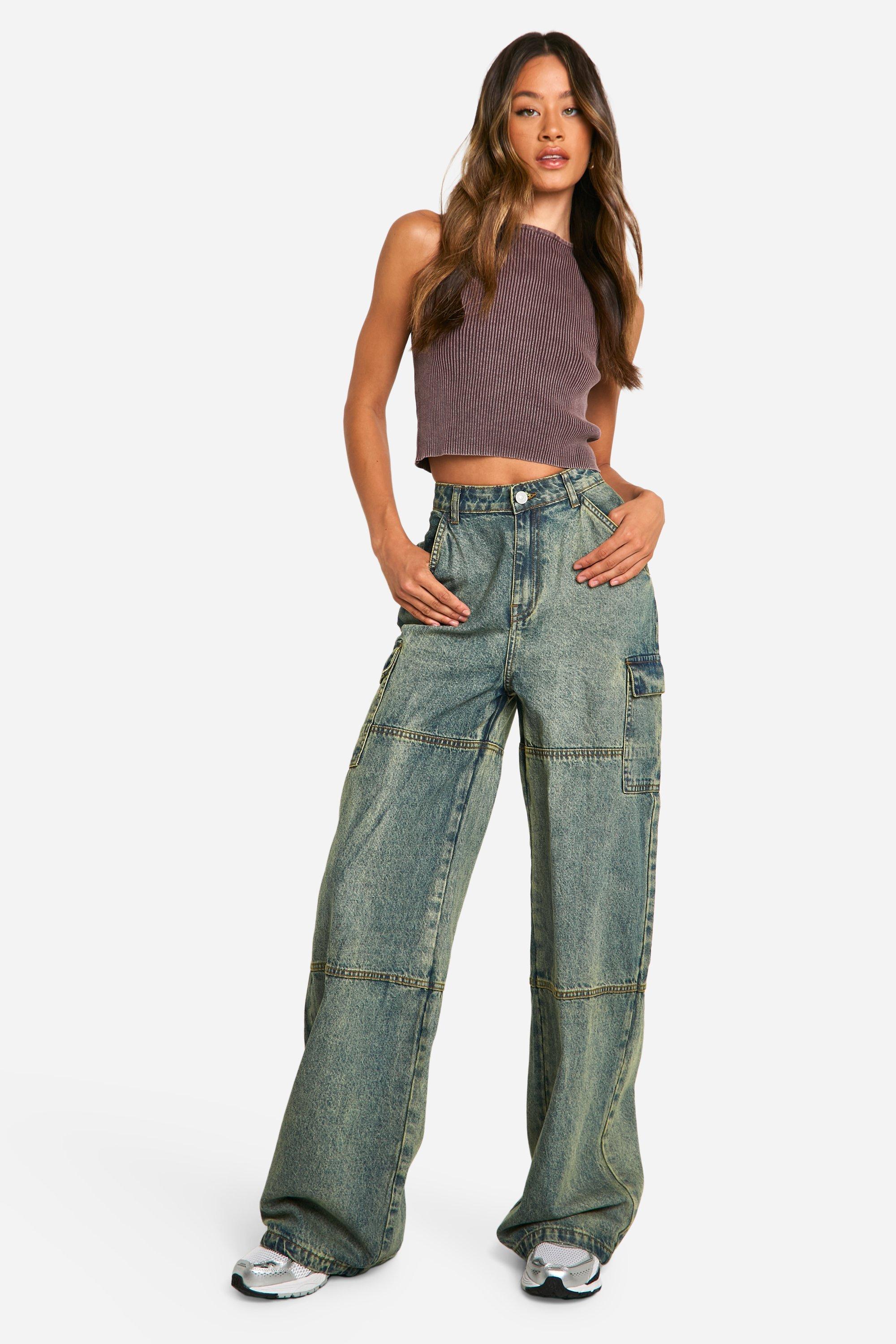 Boohoo Tall Vintage Wash Wide Leg Jeans Met Panelen, Green