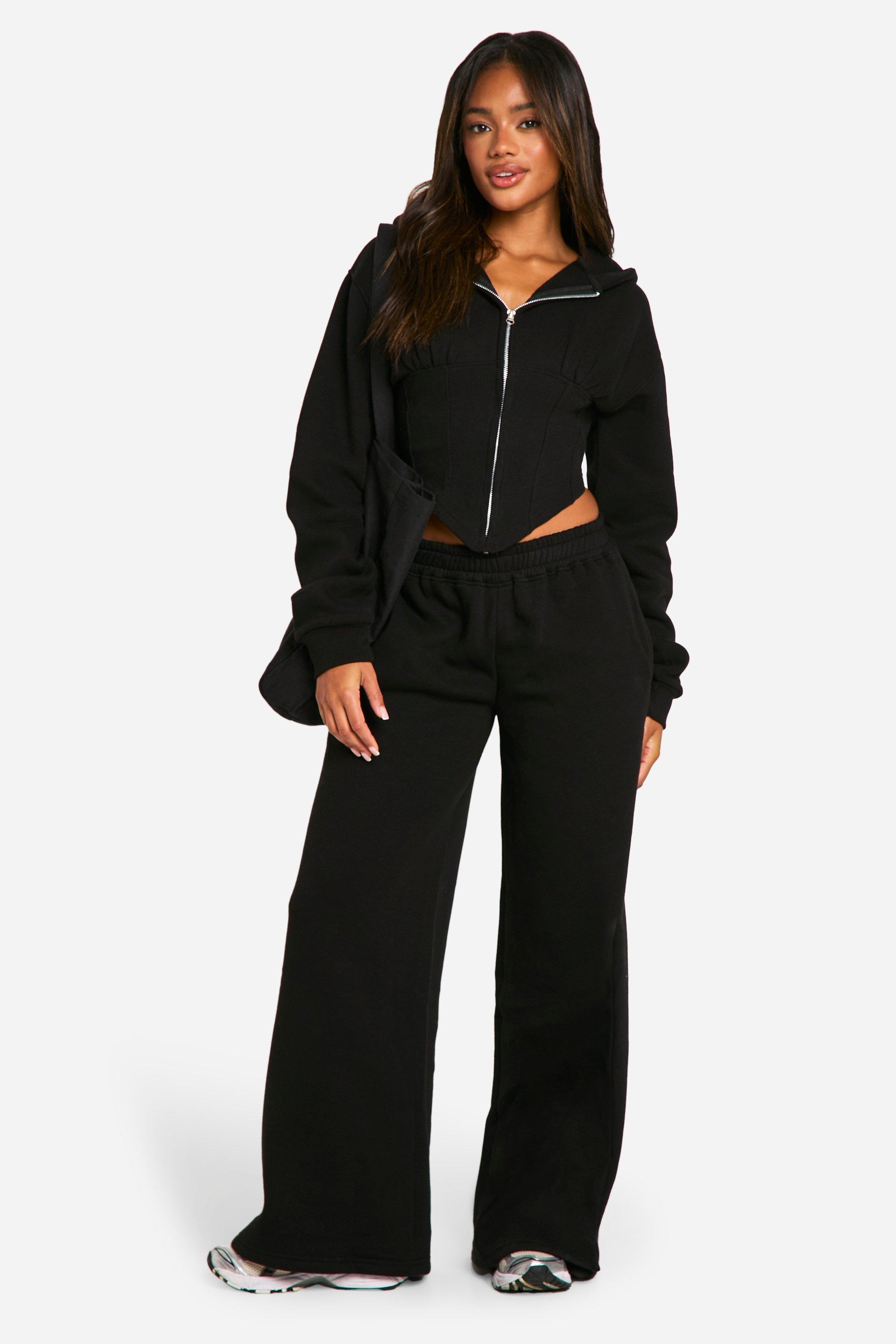 Womens Corset Rib Insert Zip Through Hooded Tracksuit - Black - Xs, Black