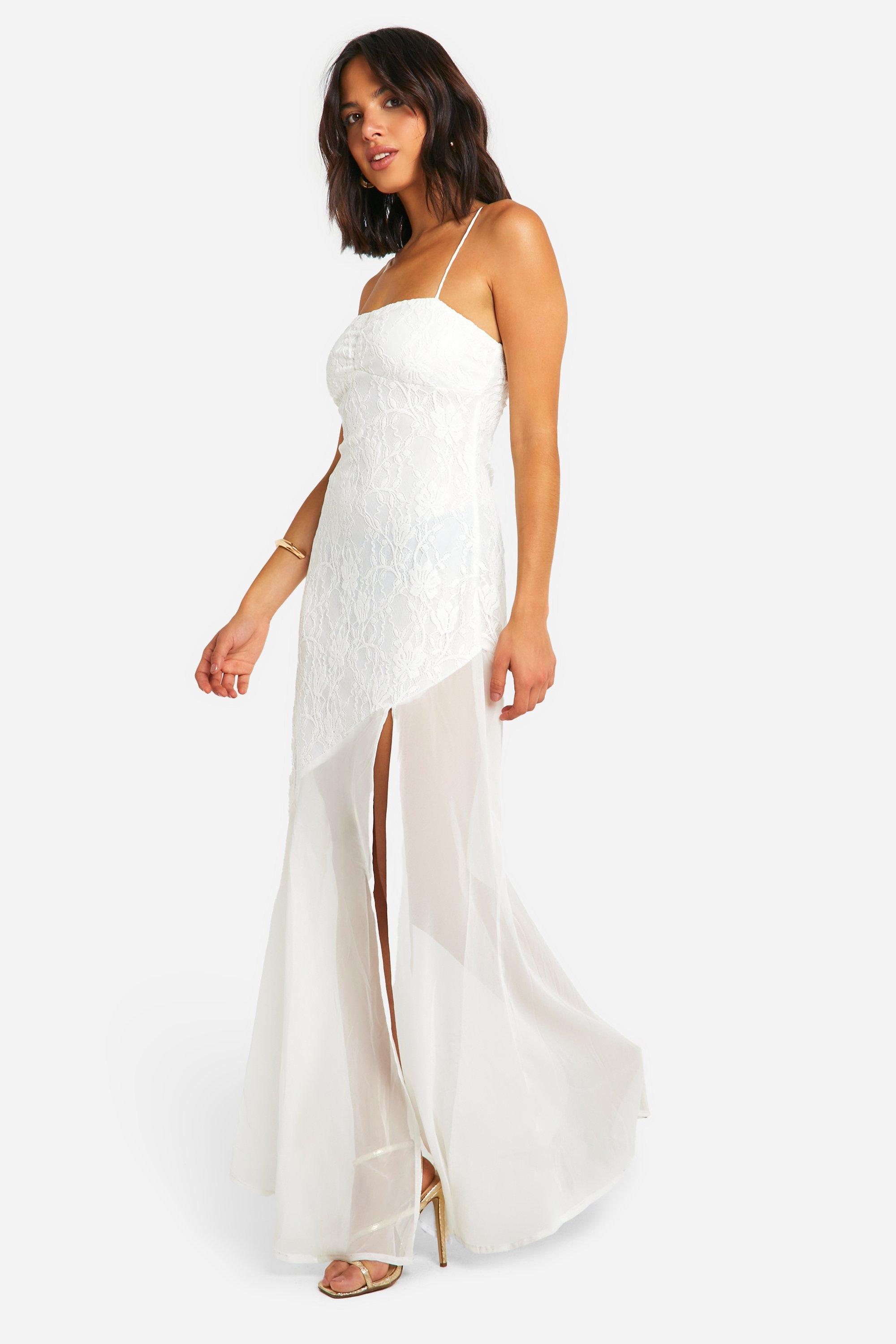 Womens Lace Chiffon Maxi Dress - White - 10, White