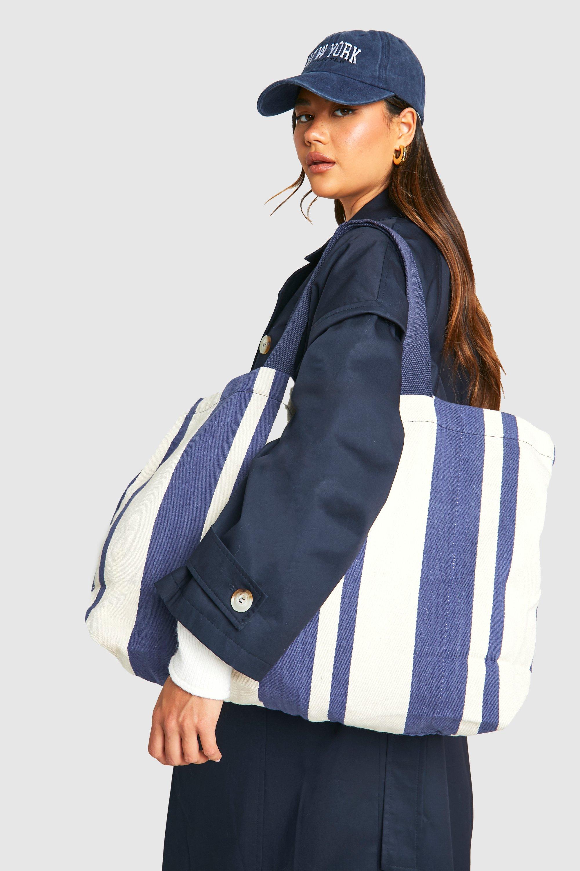 Womens Stripe Canvas Oversized Tote Bag - Navy - One Size, Navy