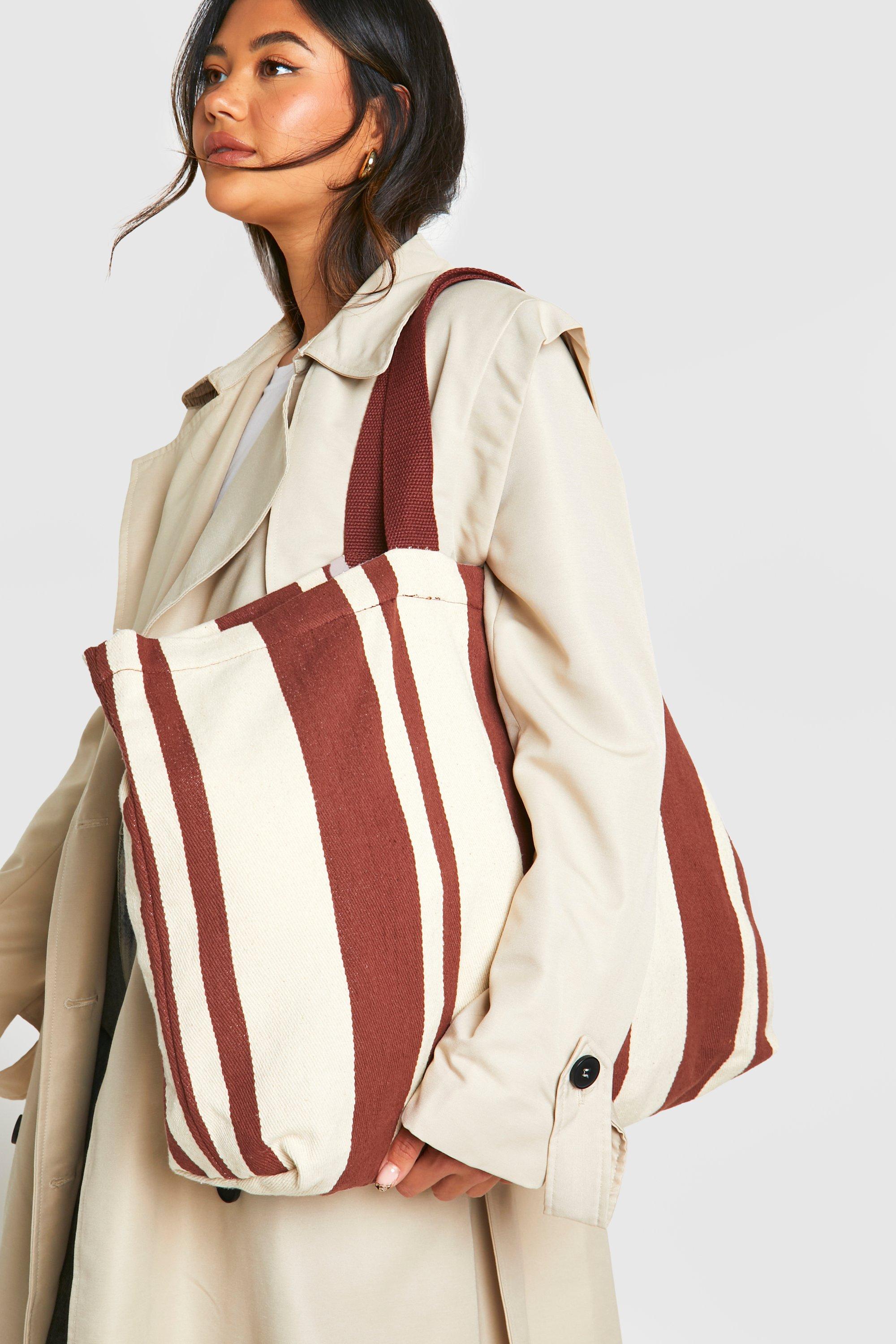 Womens Stripe Canvas Oversized Tote Bag - Brown - One Size, Brown