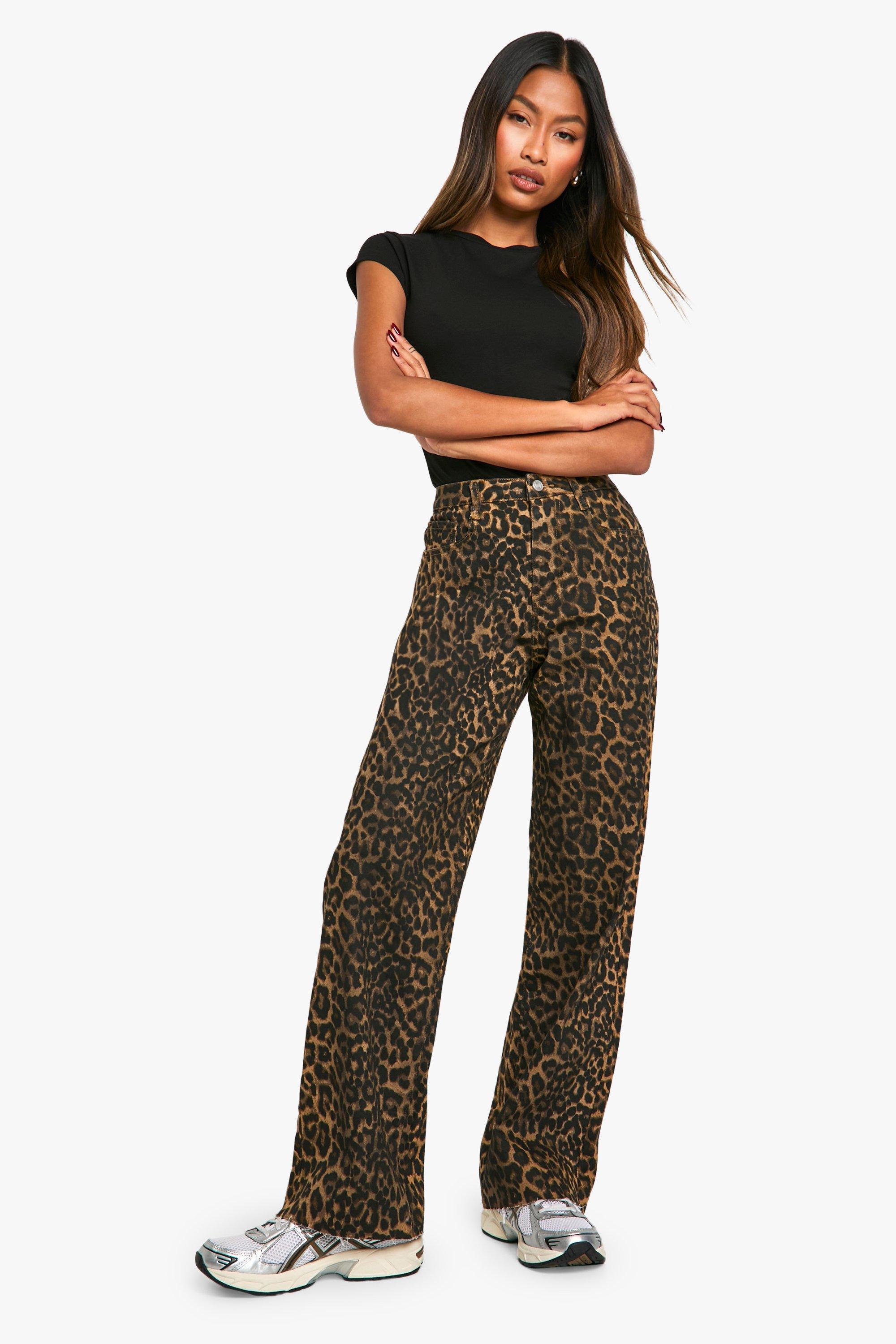 Boohoo Stretch Luipaardprint Jeans Met Rechte Pijpen, Brown