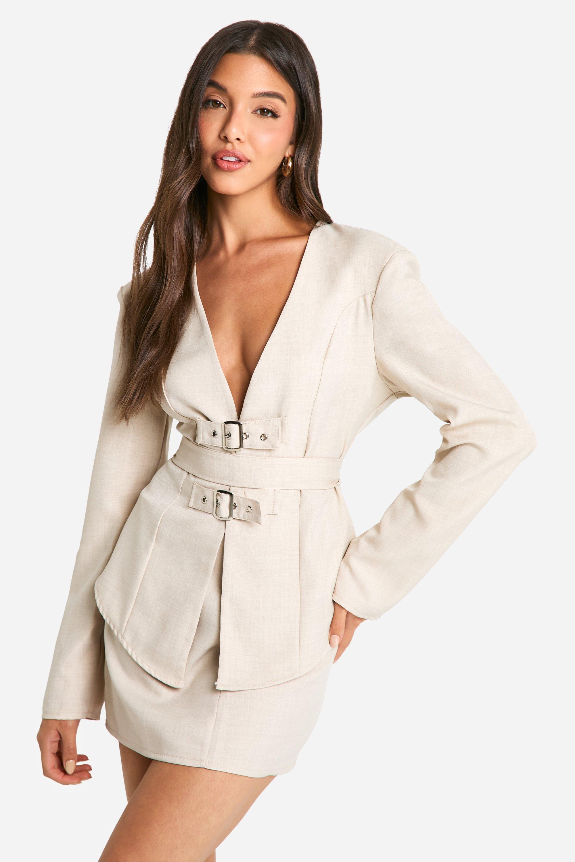 Boohoo Linnen Look Blazer Met Gesp Detail, Stone