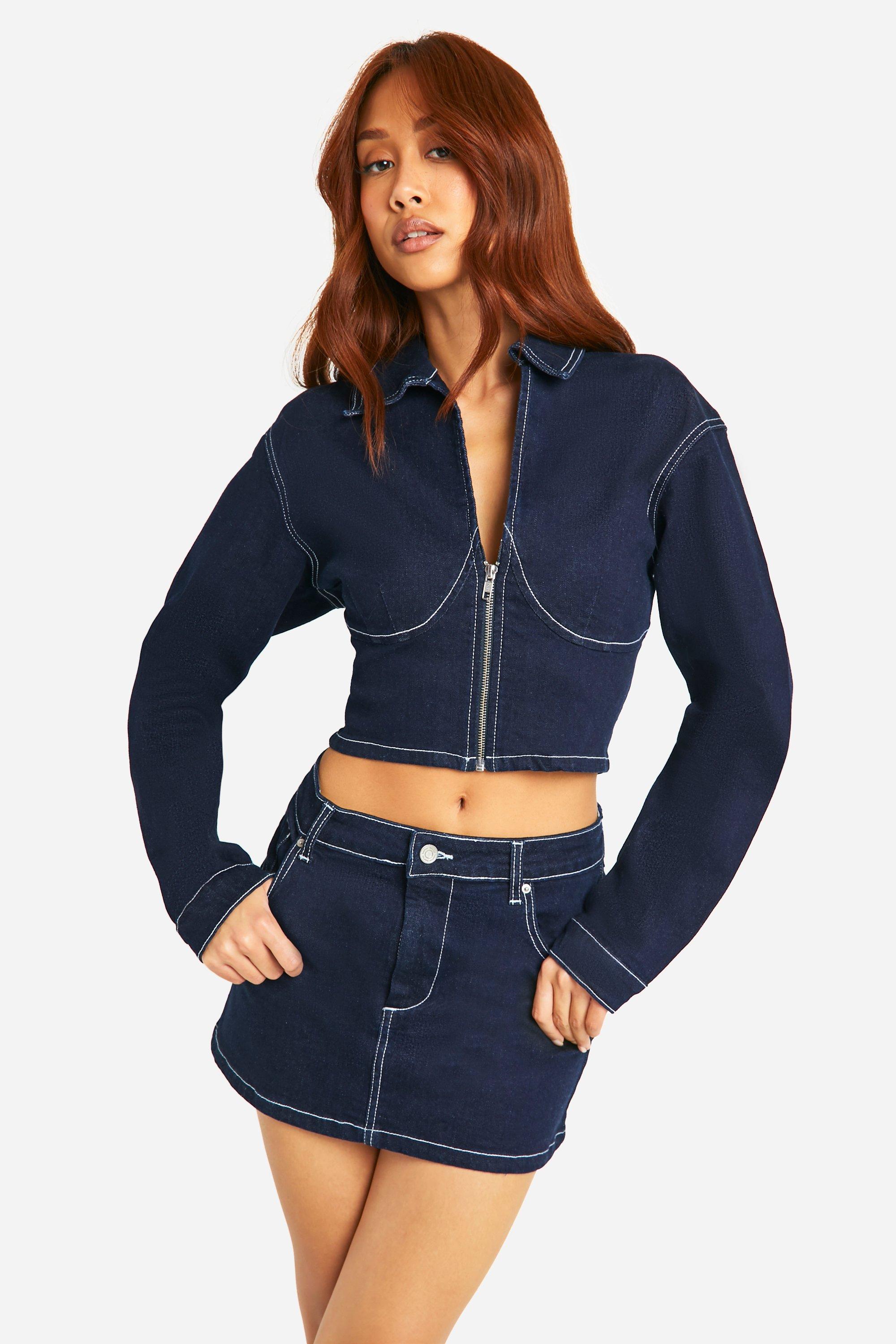 Boohoo Onbewerkt Indigo Micro Mini Spijkerrokje Met Contrasterende Stiksels, Dark Indigo