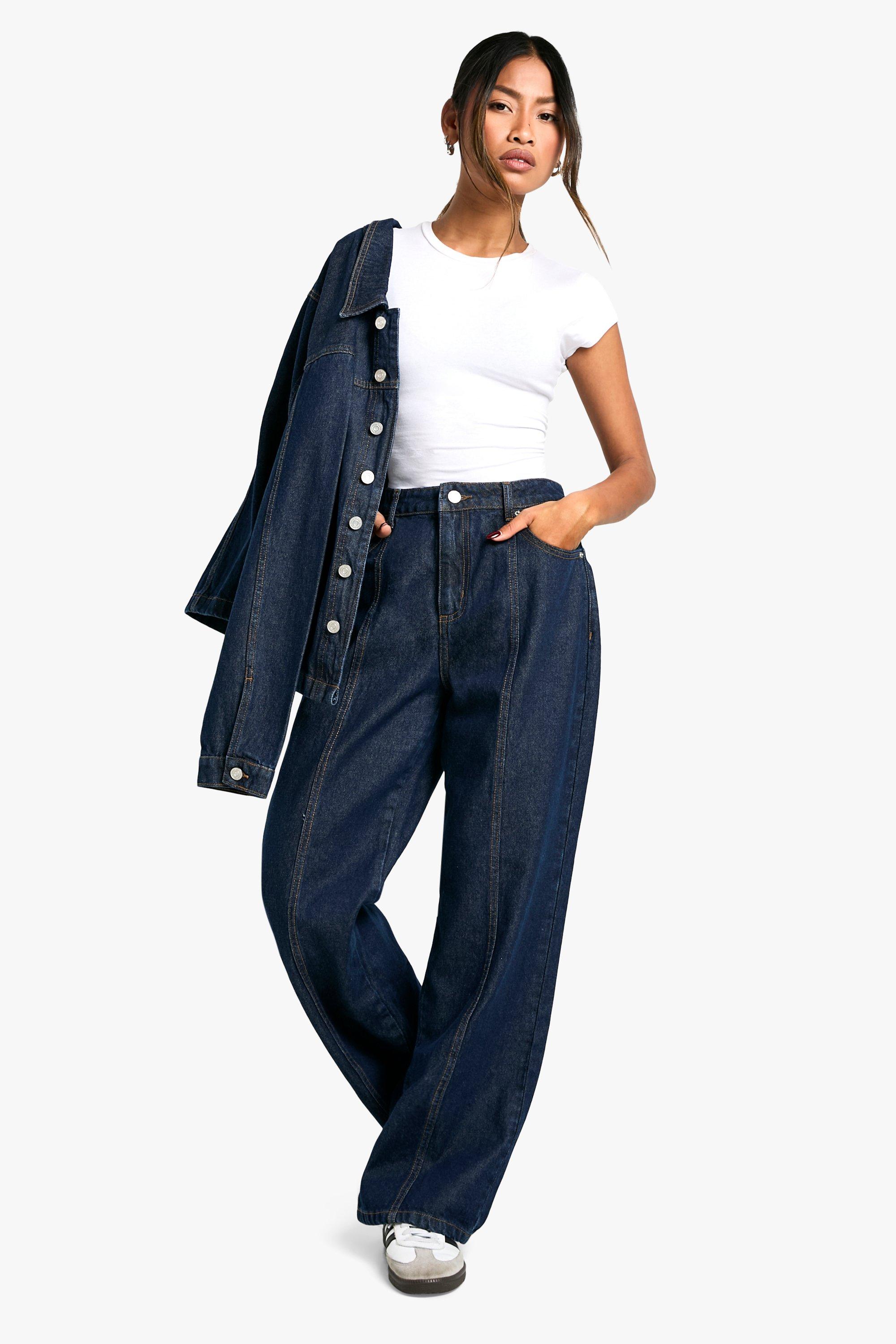 Boohoo Indigo Indigo Jeans Met Rechte Pijpen, Contrasterende Stiksels En Naaddetail, Dark Indigo