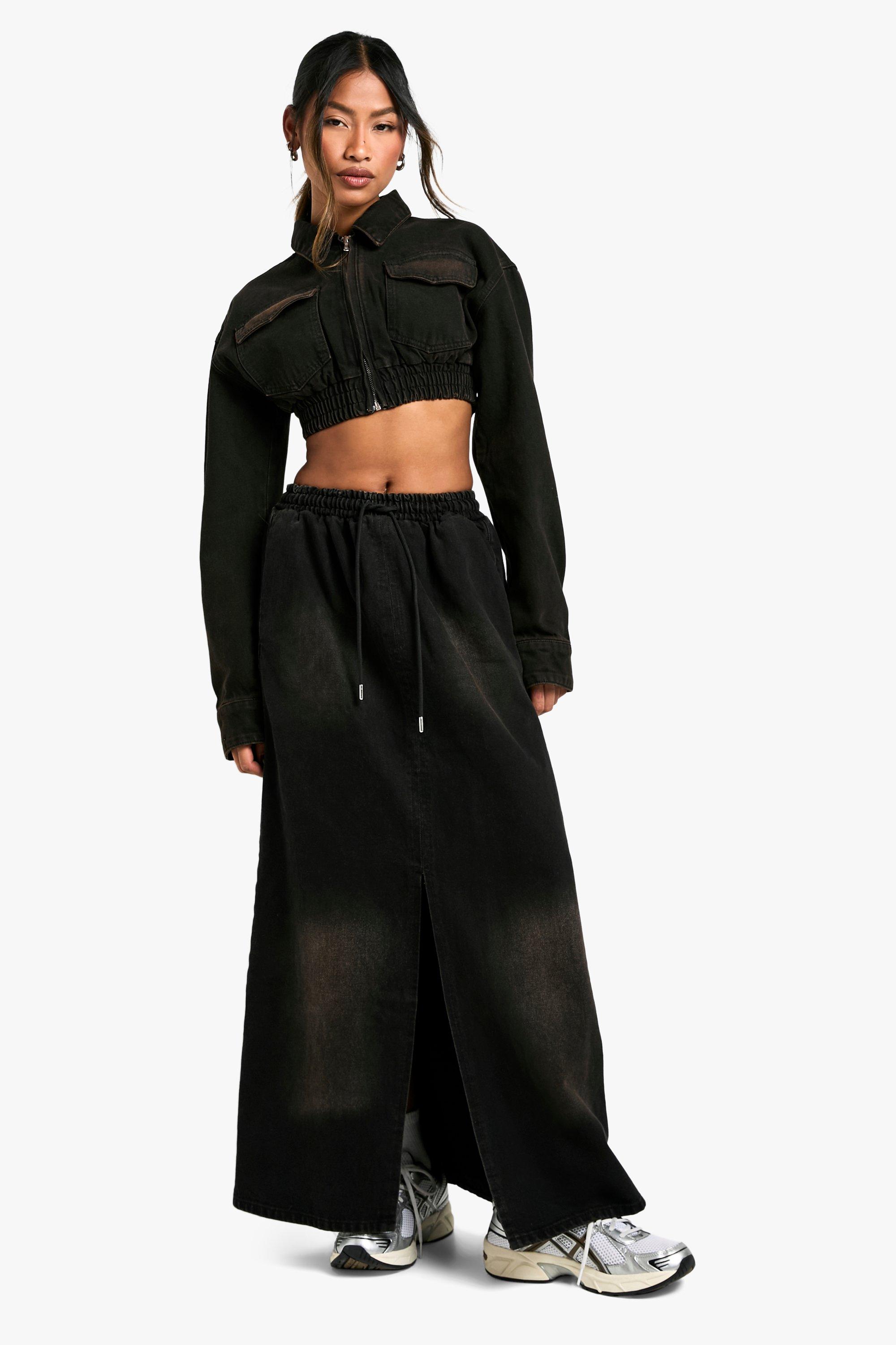 Boohoo Gebleekte Zwarte Maxi Rok Met Elastische Taille, Washed Black