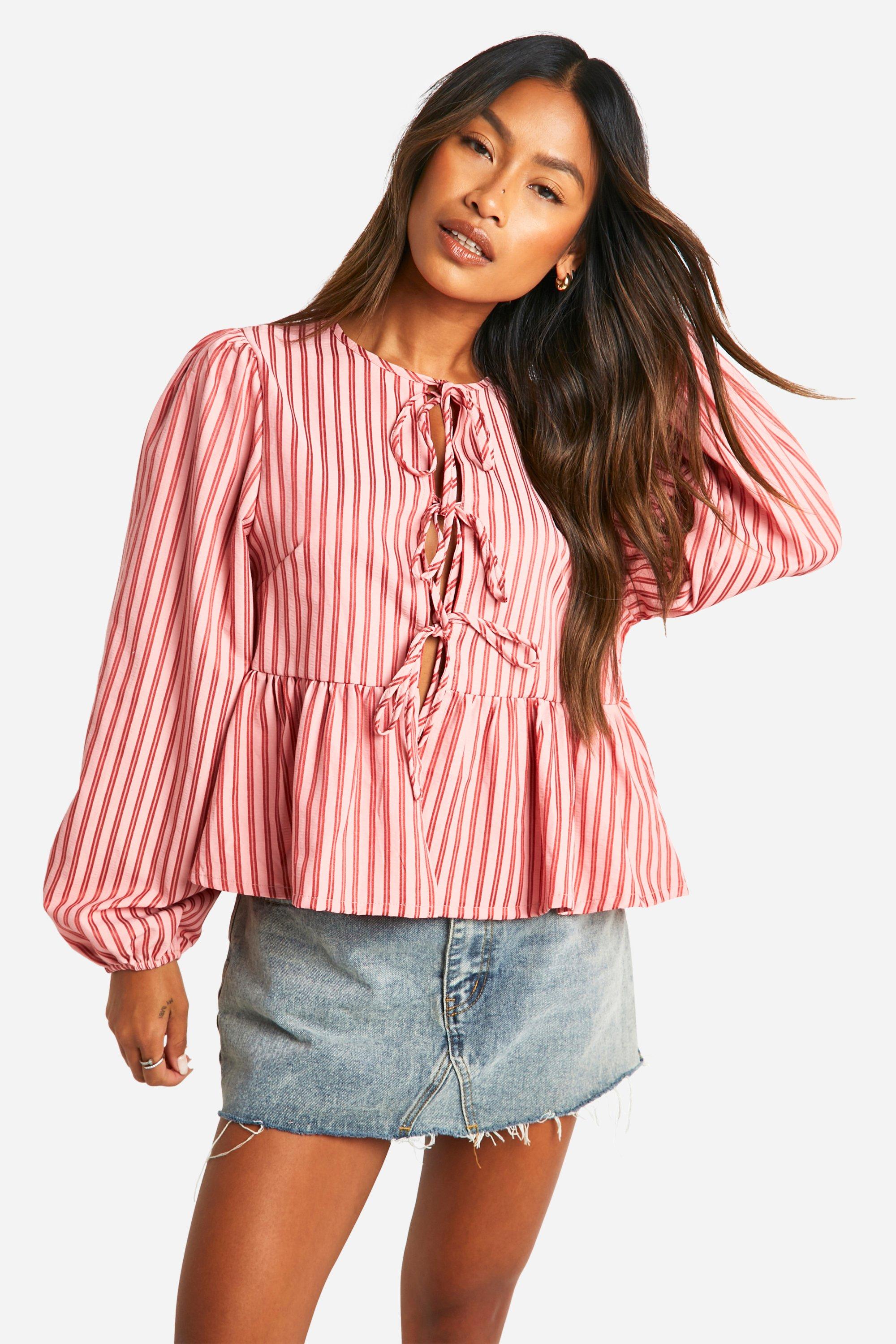 Image of Top svasato a maniche lunghe a righe rosa e rosse con laccetti frontali e maniche lunghe, Pink