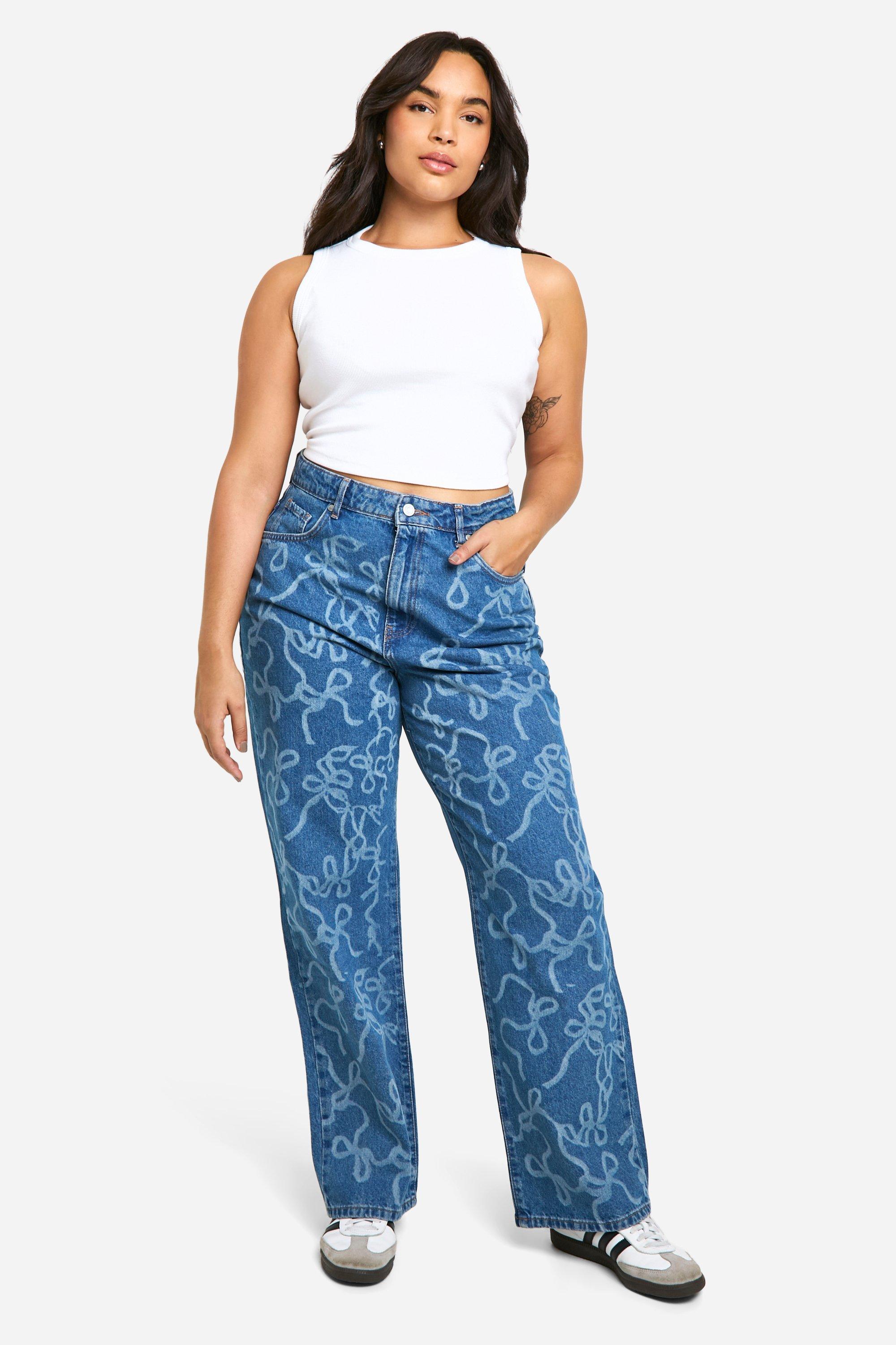 Boohoo Plus Laser Luipaardprint Jeans Met Strik, Denim