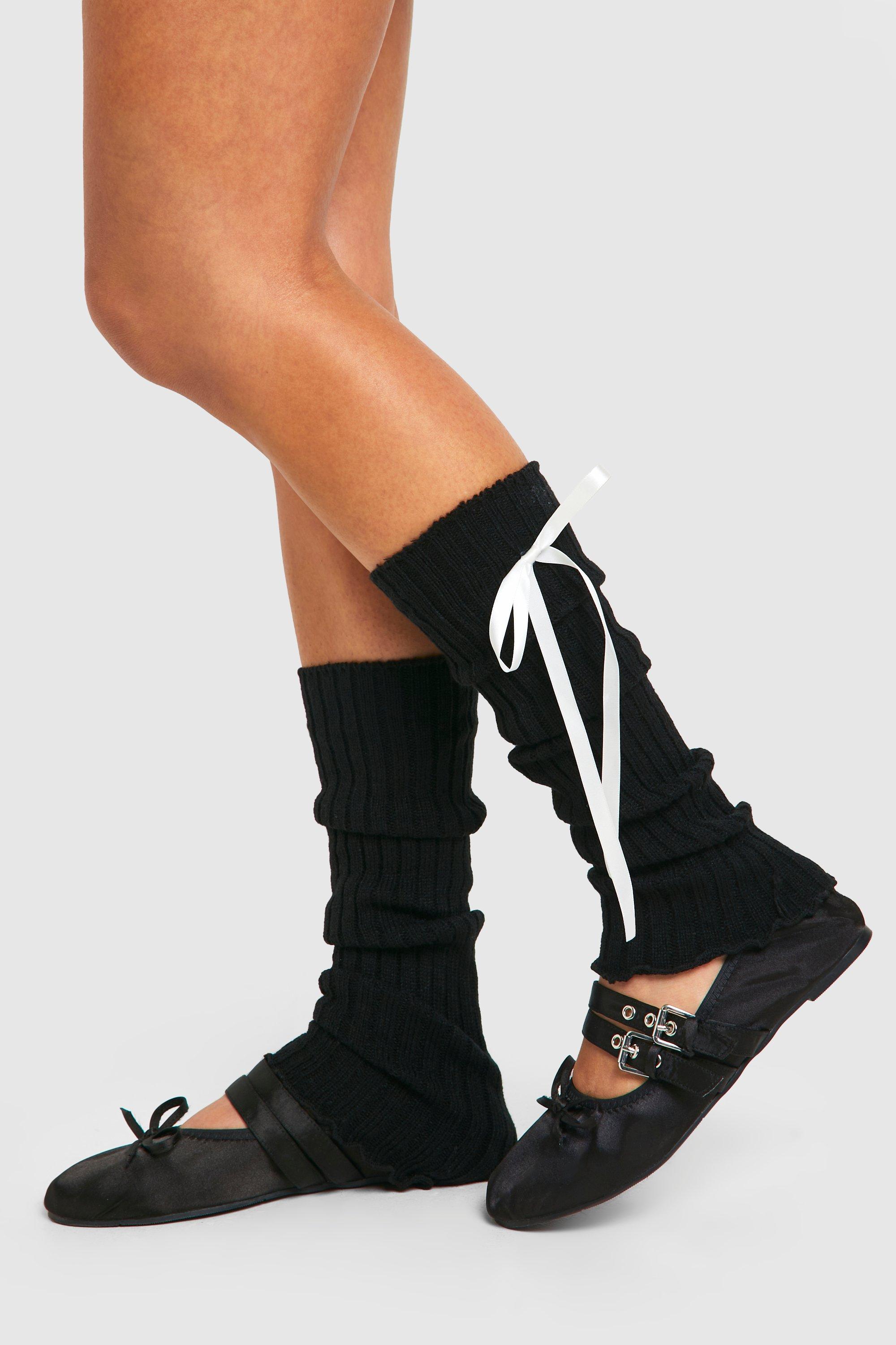 Womens Bow Detail Knitted Leg Warmers Black One Size Black