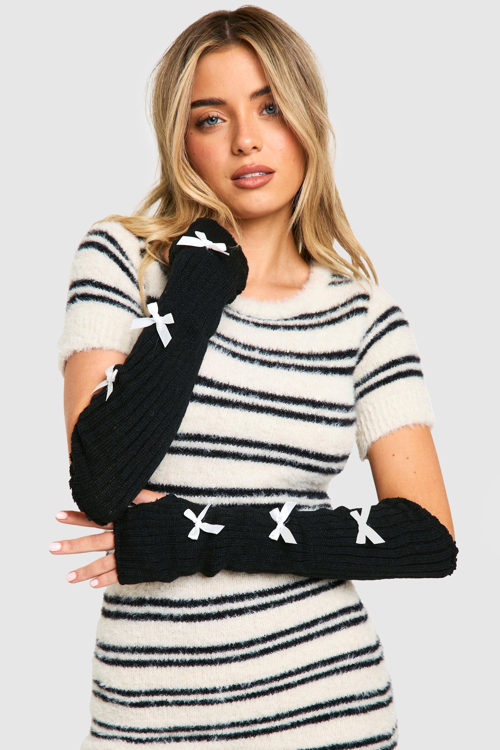 Womens Bow Detail Knitted Arm Warmers Black One Size Black