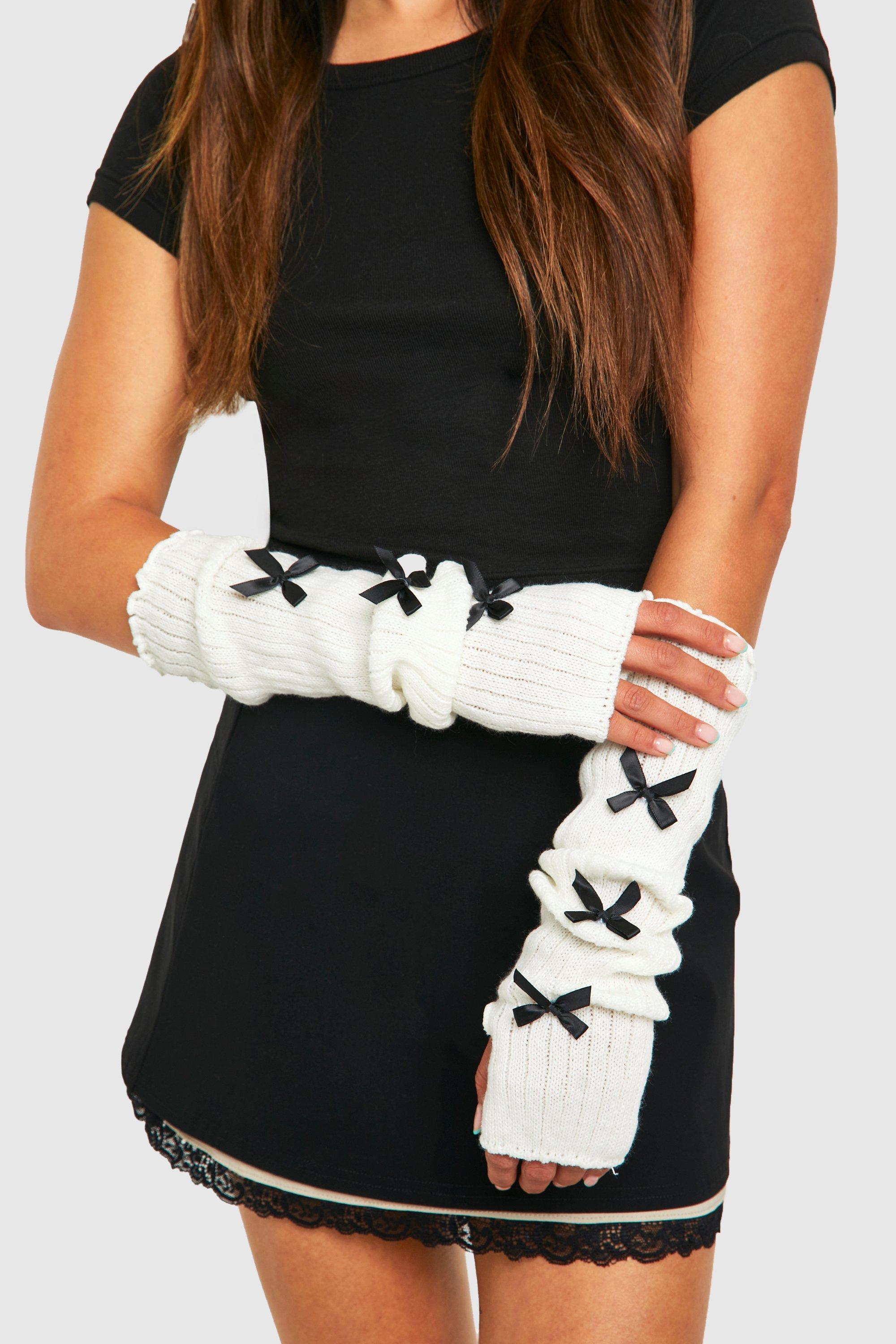 Womens Bow Detail Knitted Arm Warmers White One Size White