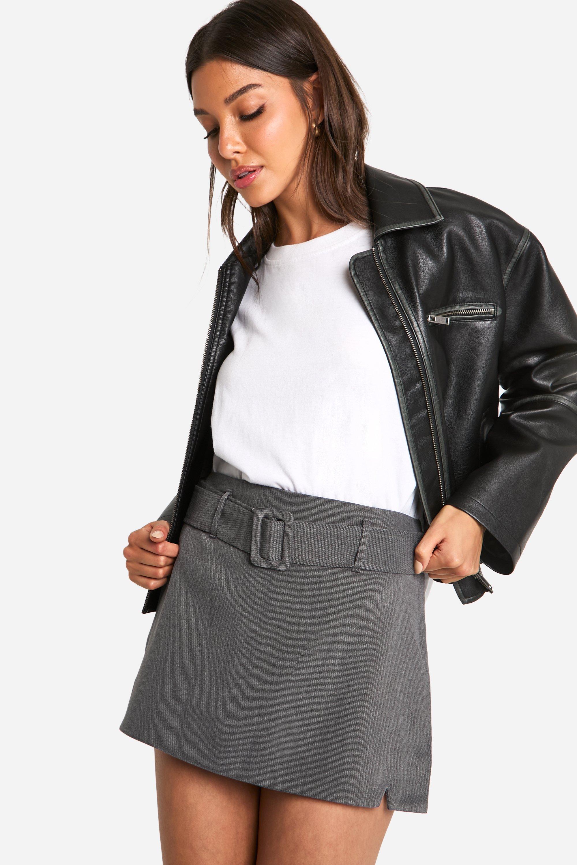 Boohoo Wollen Mini Rokje Met Ceintuur, Dark Grey