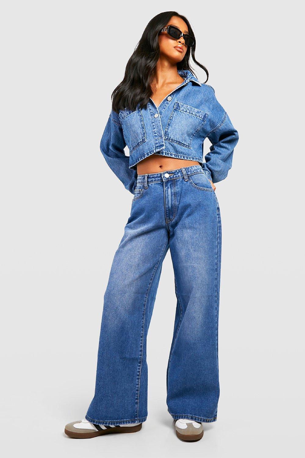 Boohoo Petite Wide Leg Jeans Met Hoge Taille, Mid Blue